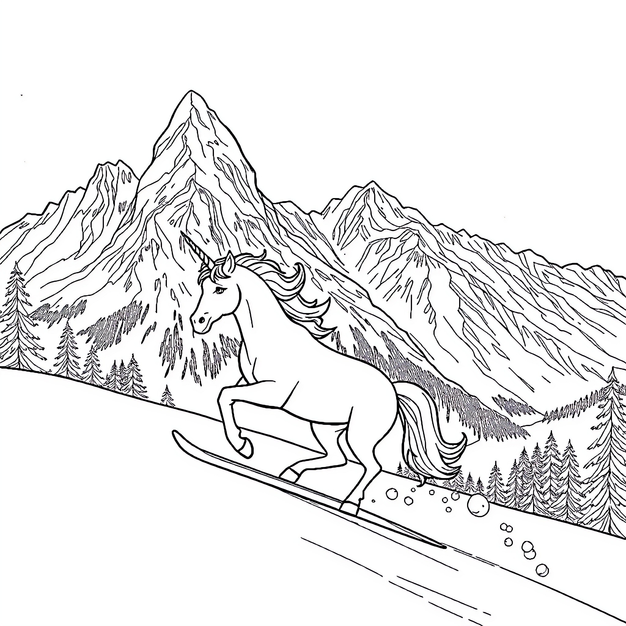 Unicorn Surfing Down Snowy Mountain Slopes Coloring Page (free black-and-white line drawing printable PDF for all, from beginners to advanced learners, including children, teens, adults, and seniors)