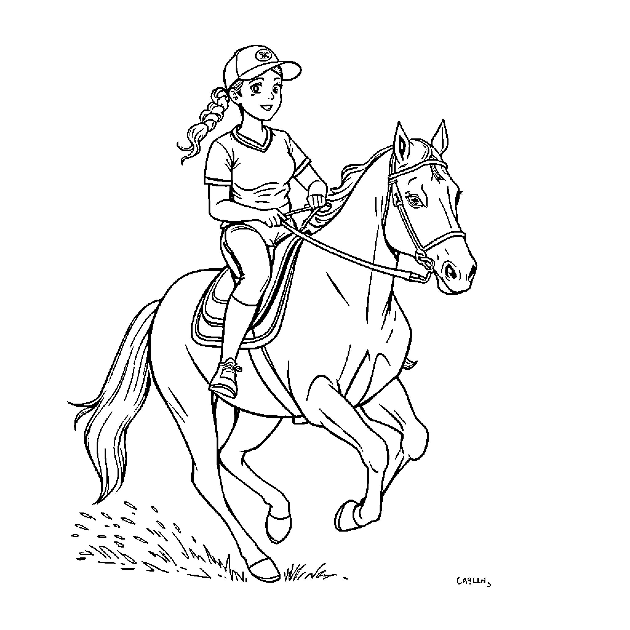 Softball Player Riding a Horse on the Field Coloring Page (free black-and-white line drawing printable PDF for all, from beginners to advanced learners, including children, teens, adults, and seniors)