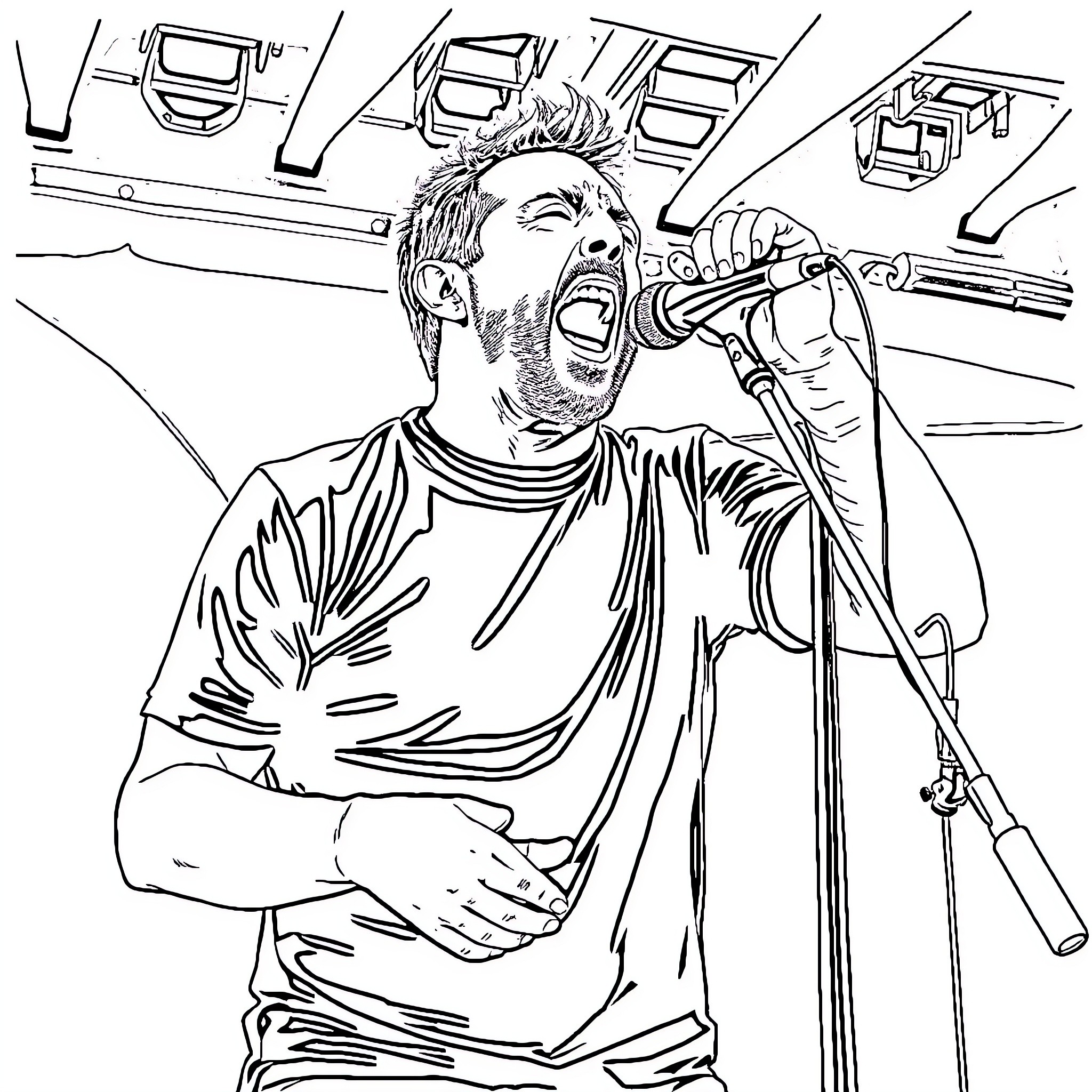 Maynard James Keenan performing energetically on stage Coloring Page (free black-and-white line drawing printable PDF for all, from beginners to advanced learners, including children, teens, adults, and seniors)
