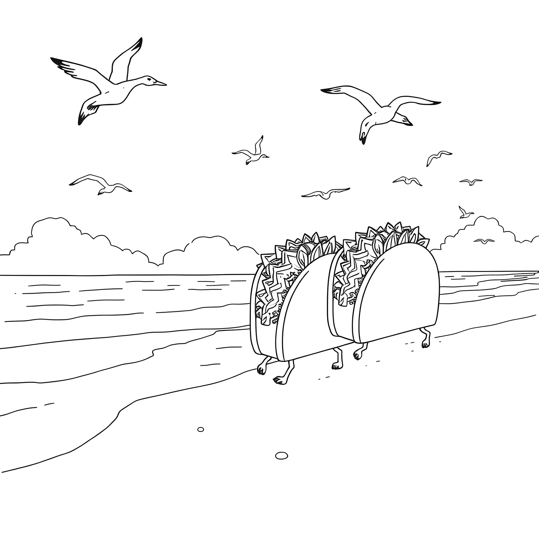 Taco Parade on the Beach Coloring Page (free black-and-white line drawing printable PDF for all, from beginners to advanced learners, including children, teens, adults, and seniors)