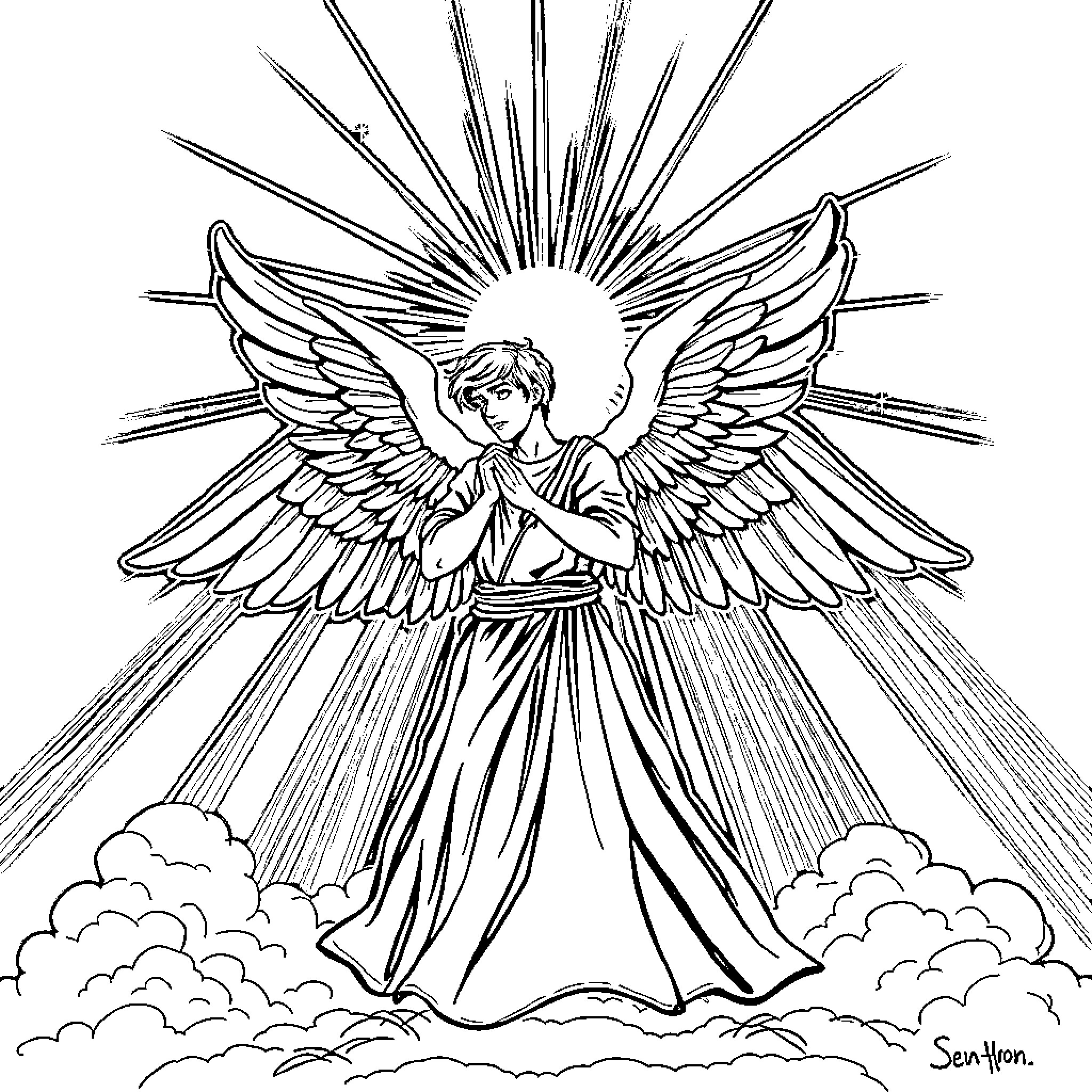 Angel Radiating Divine Light from Above Coloring Page (free black-and-white line drawing printable PDF for all, from beginners to advanced learners, including children, teens, adults, and seniors)