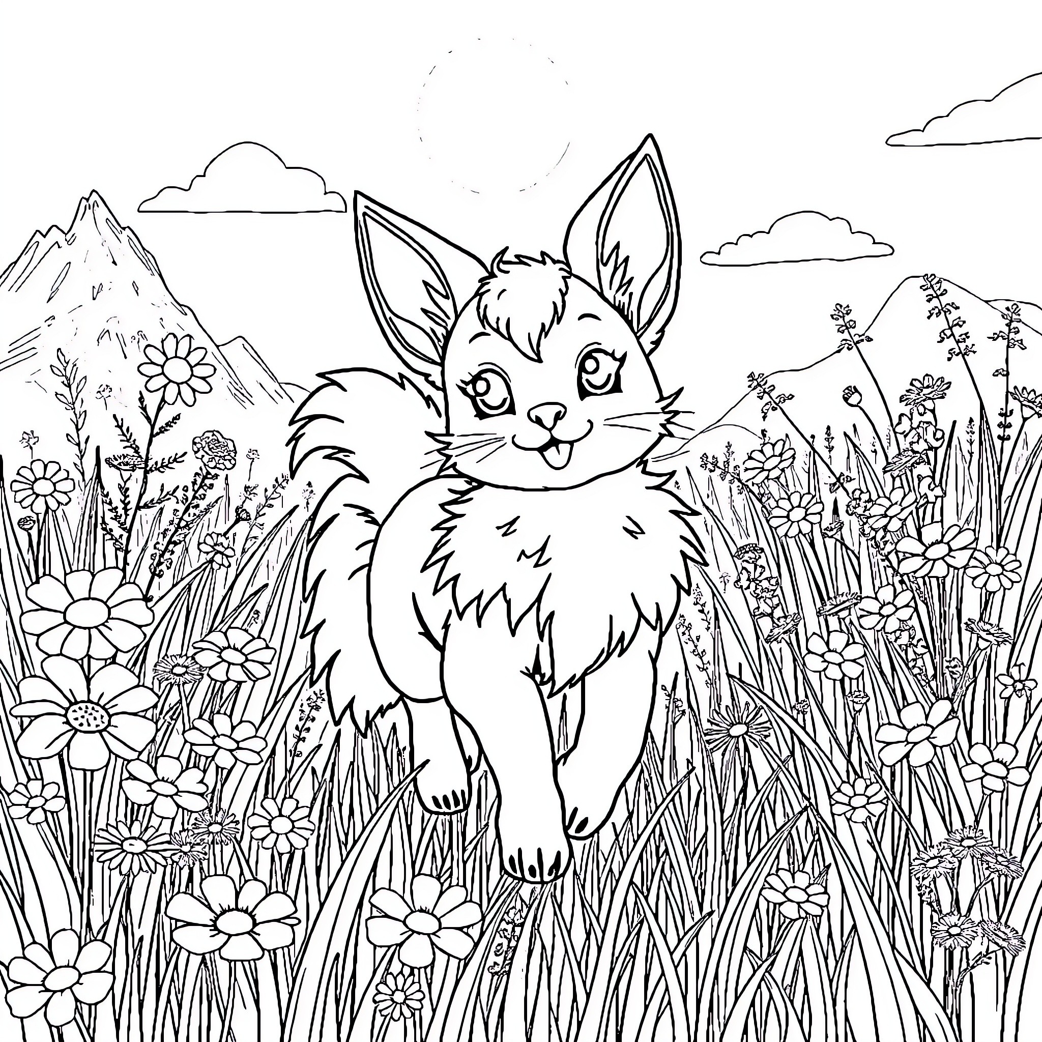 Espeon enjoying a beautiful nature scene Coloring Page (free black-and-white line drawing printable PDF for all, from beginners to advanced learners, including children, teens, adults, and seniors)