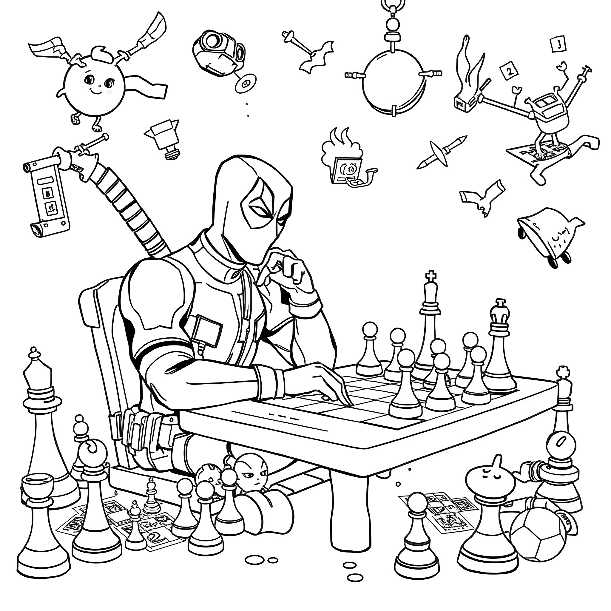 Deadpool playing chess amid action-packed chaos Coloring Page (free black-and-white line drawing printable PDF for all, from beginners to advanced learners, including children, teens, adults, and seniors)