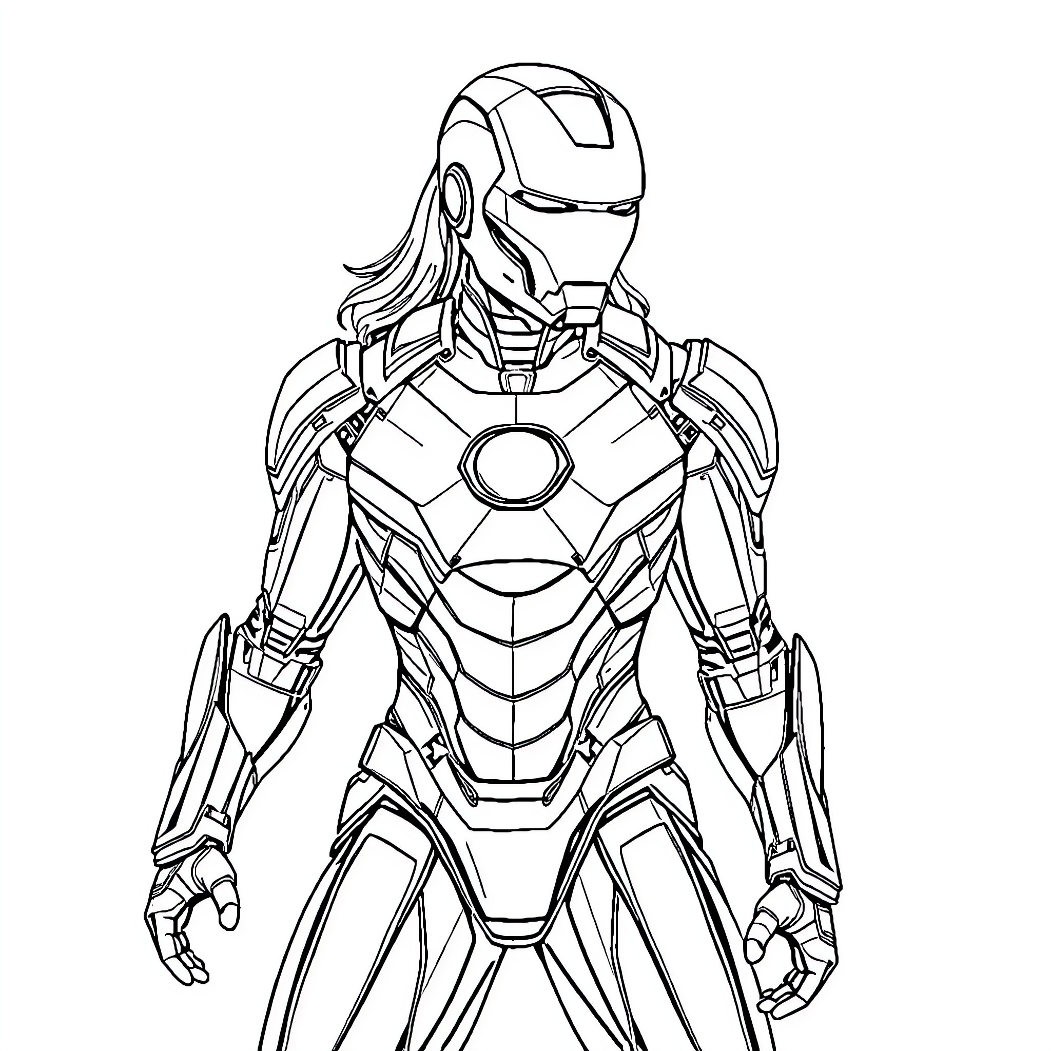 Ironman Superhero in Iconic Armor Pose Coloring Page (free black-and-white line drawing printable PDF for all, from beginners to advanced learners, including children, teens, adults, and seniors)