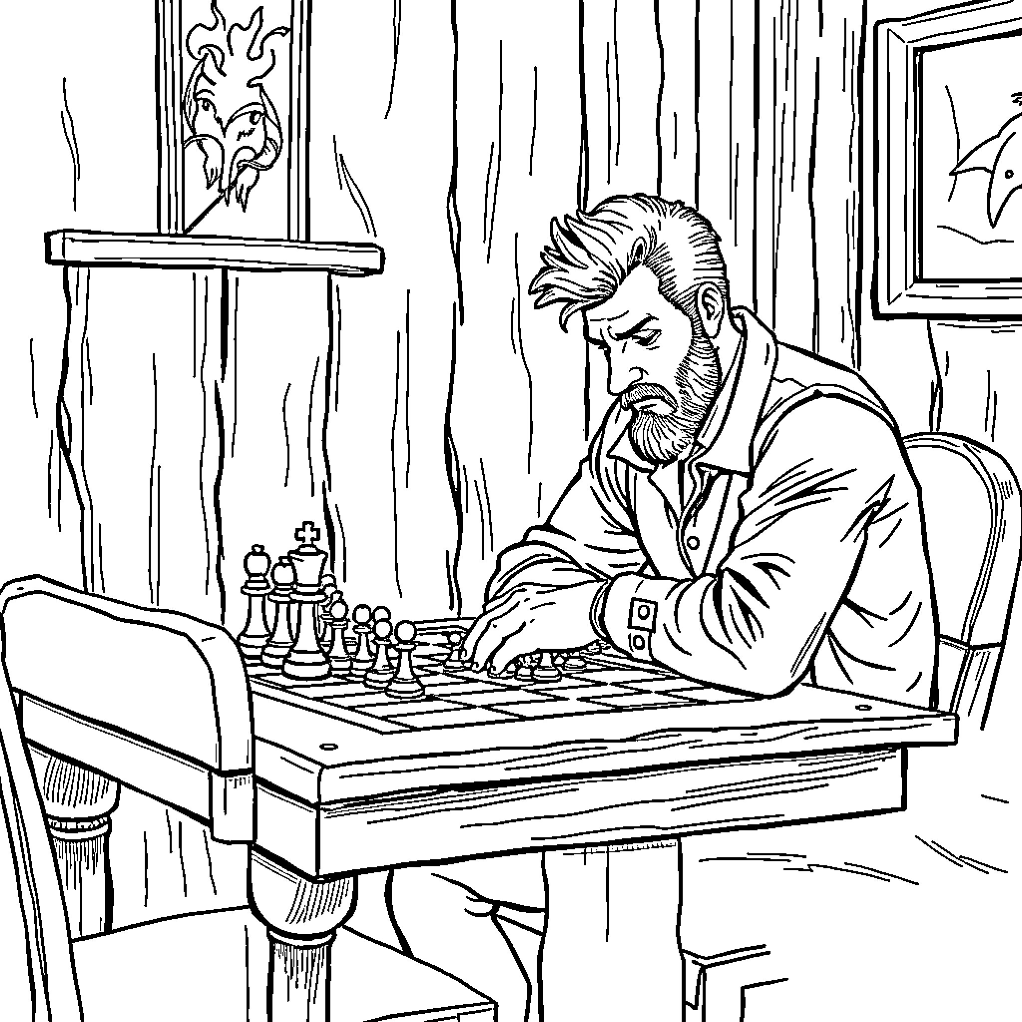 Jake Cronenworth playing chess in a wooden room Coloring Page (free black-and-white line drawing printable PDF for all, from beginners to advanced learners, including children, teens, adults, and seniors)
