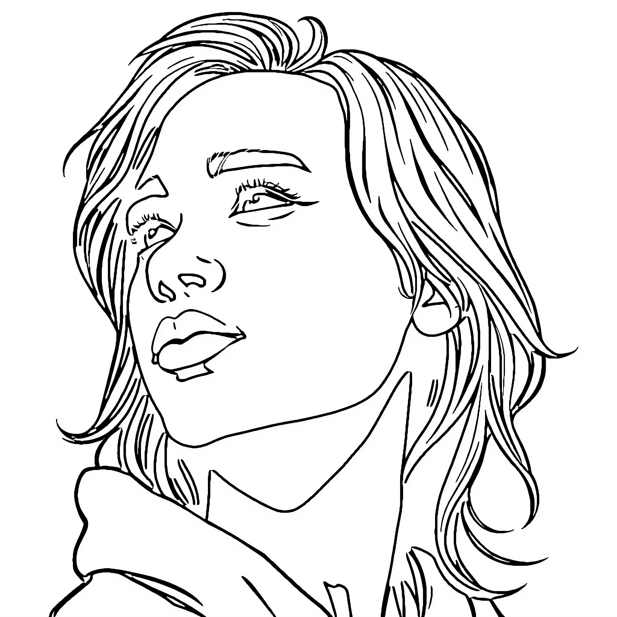 Name of thoughtful woman with long hair Coloring Page (free black-and-white line drawing printable PDF for all, from beginners to advanced learners, including children, teens, adults, and seniors)