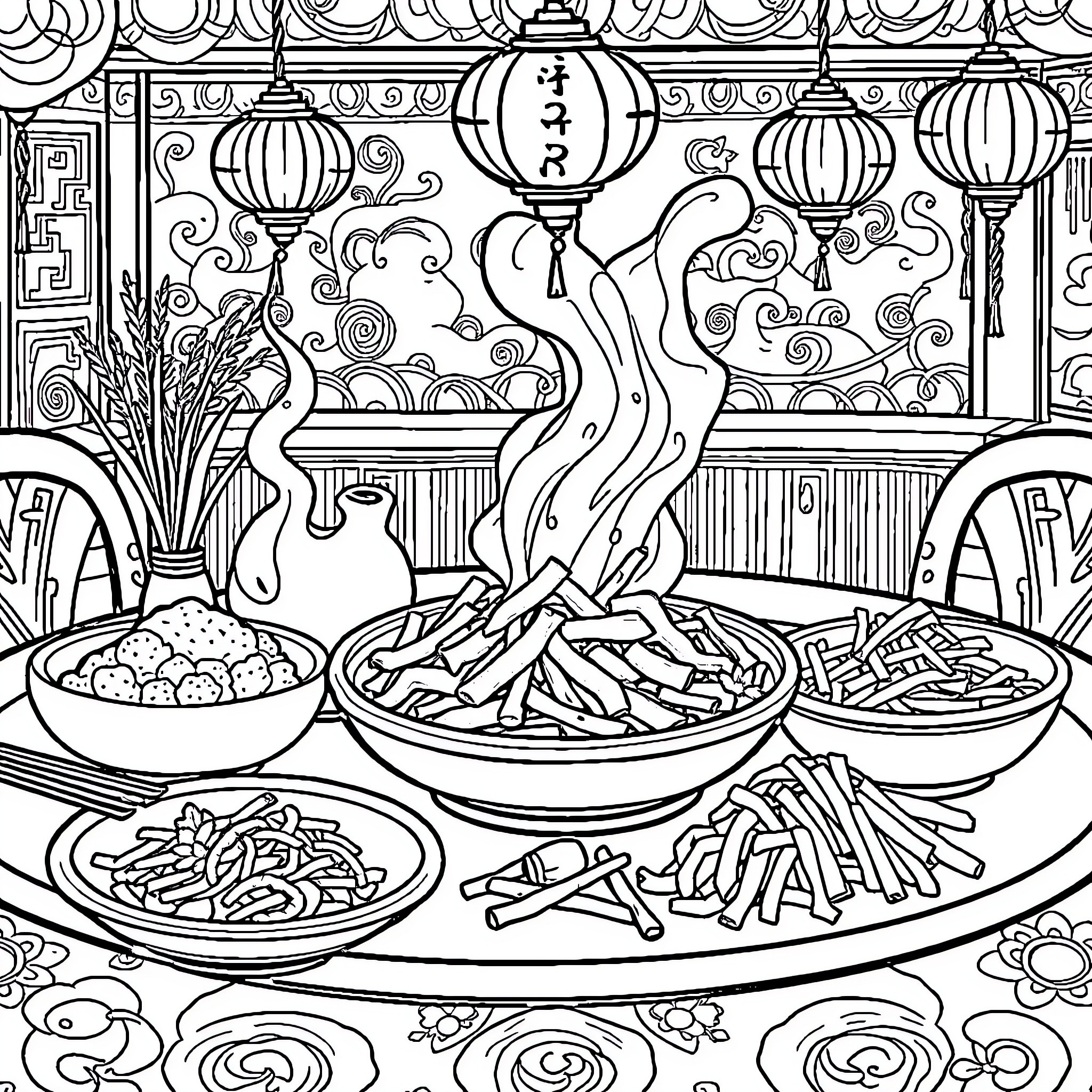 Chinese Food: Assortment of Dishes and Decorative Elements Coloring Page (free black-and-white line drawing printable PDF for all, from beginners to advanced learners, including children, teens, adults, and seniors)