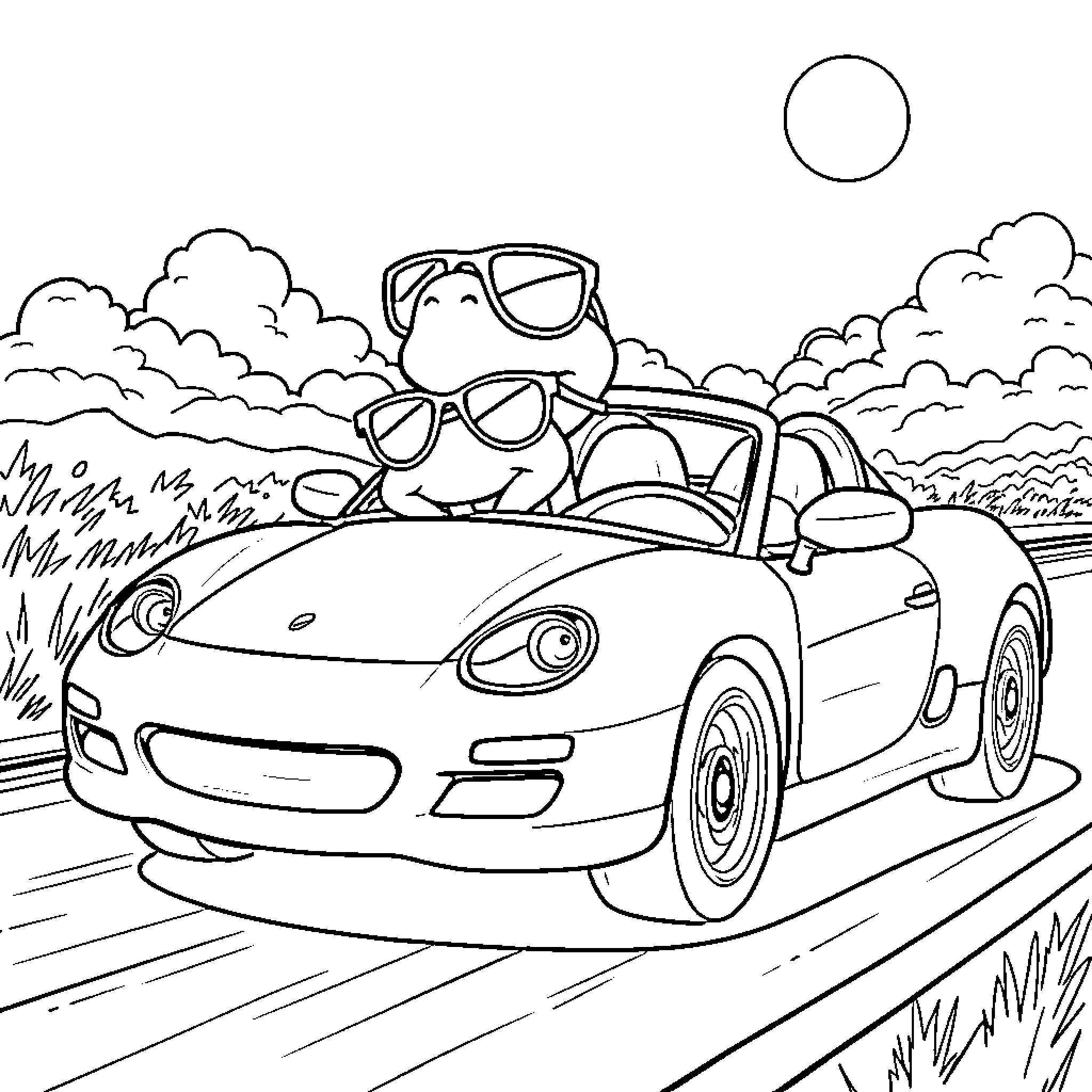 Turtle driving sports car on scenic road Coloring Page (free black-and-white line drawing printable PDF for all, from beginners to advanced learners, including children, teens, adults, and seniors)