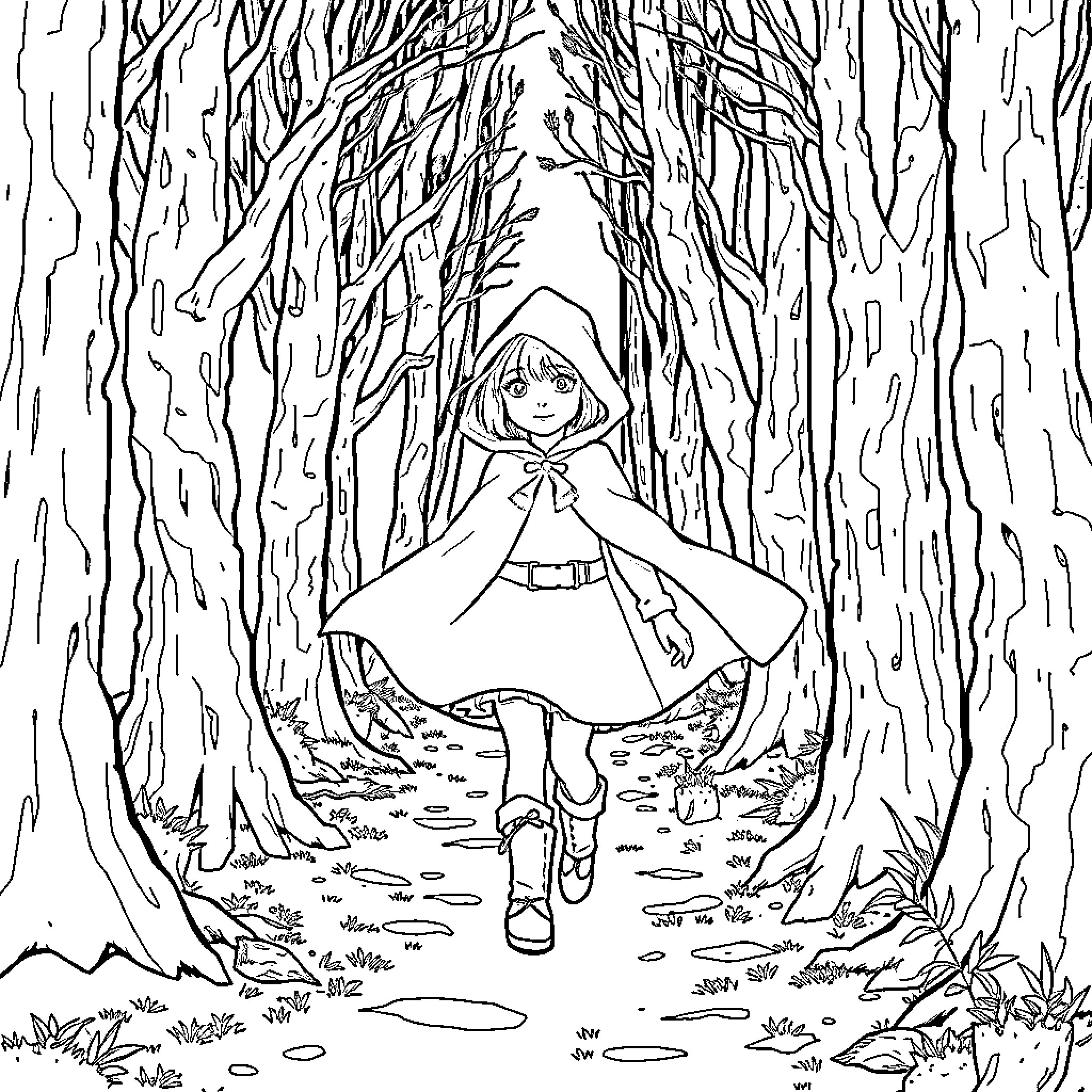 Little Red Riding Hood walking through a mystical forest Coloring Page (free black-and-white line drawing printable PDF for all, from beginners to advanced learners, including children, teens, adults, and seniors)