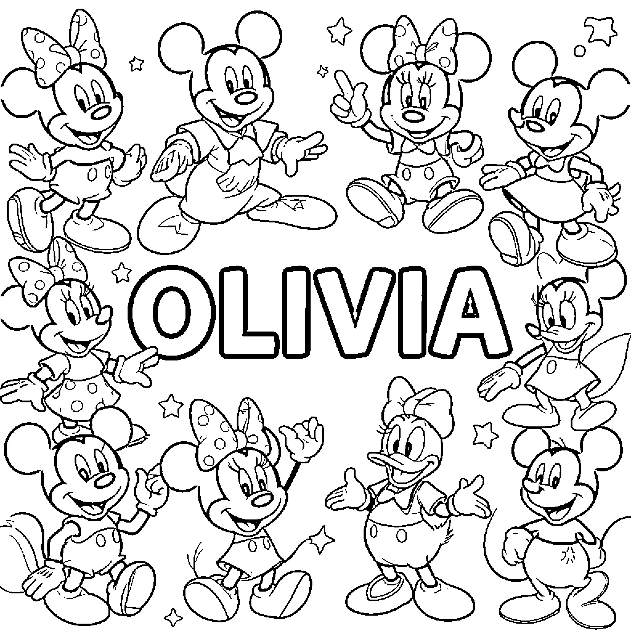 Olivia's Magical Disney Character Adventure Coloring Page (free black-and-white line drawing printable PDF for all, from beginners to advanced learners, including children, teens, adults, and seniors)