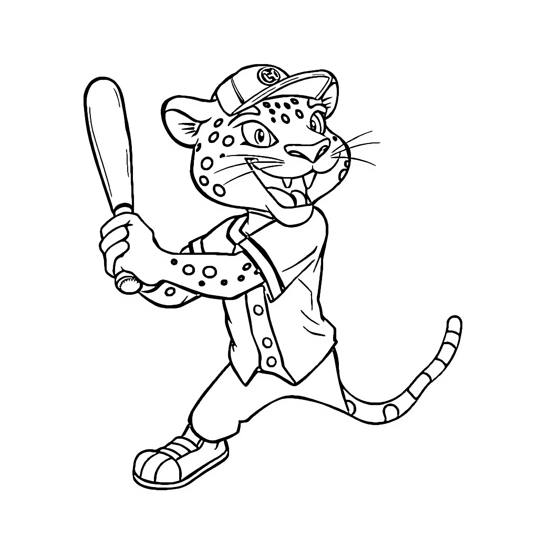 Jaguar baseball player swinging bat enthusiastically Coloring Page (free black-and-white line drawing printable PDF for all, from beginners to advanced learners, including children, teens, adults, and seniors)