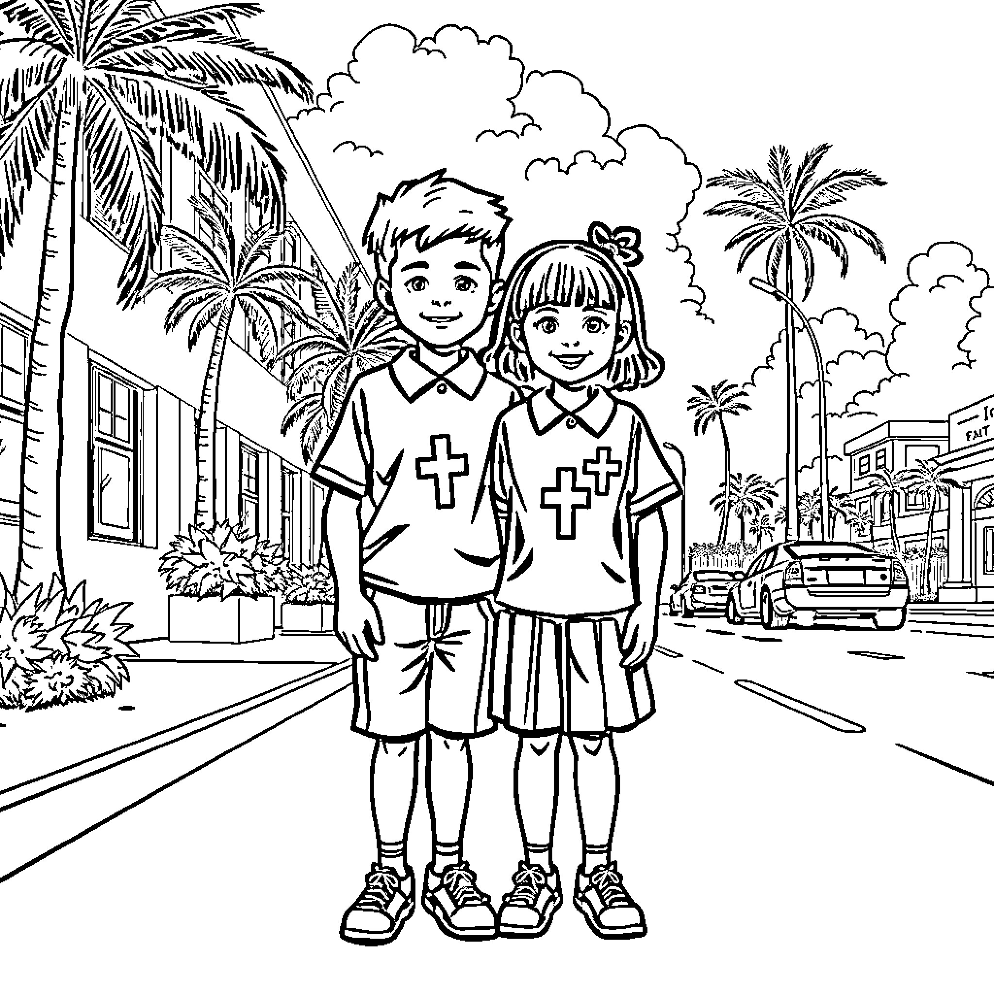 Boy and Girl Standing Together in a Tropical Setting Coloring Page (free black-and-white line drawing printable PDF for all, from beginners to advanced learners, including children, teens, adults, and seniors)