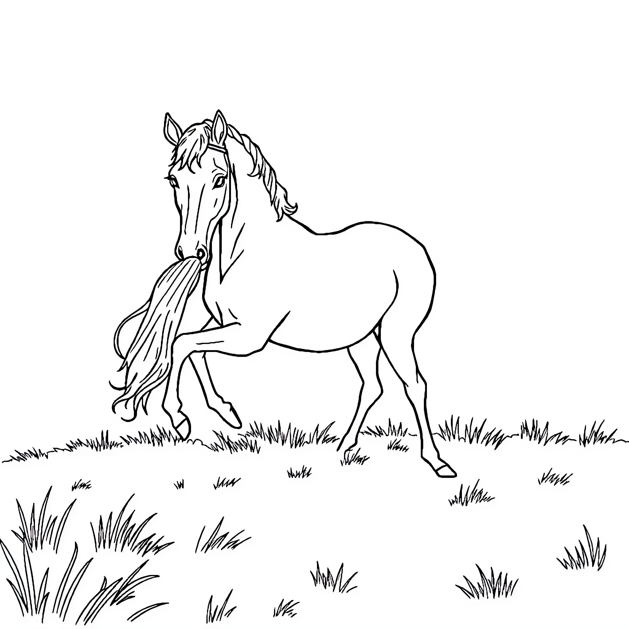 Horse standing calmly in a grassy field Coloring Page (free black-and-white line drawing printable PDF for all, from beginners to advanced learners, including children, teens, adults, and seniors)