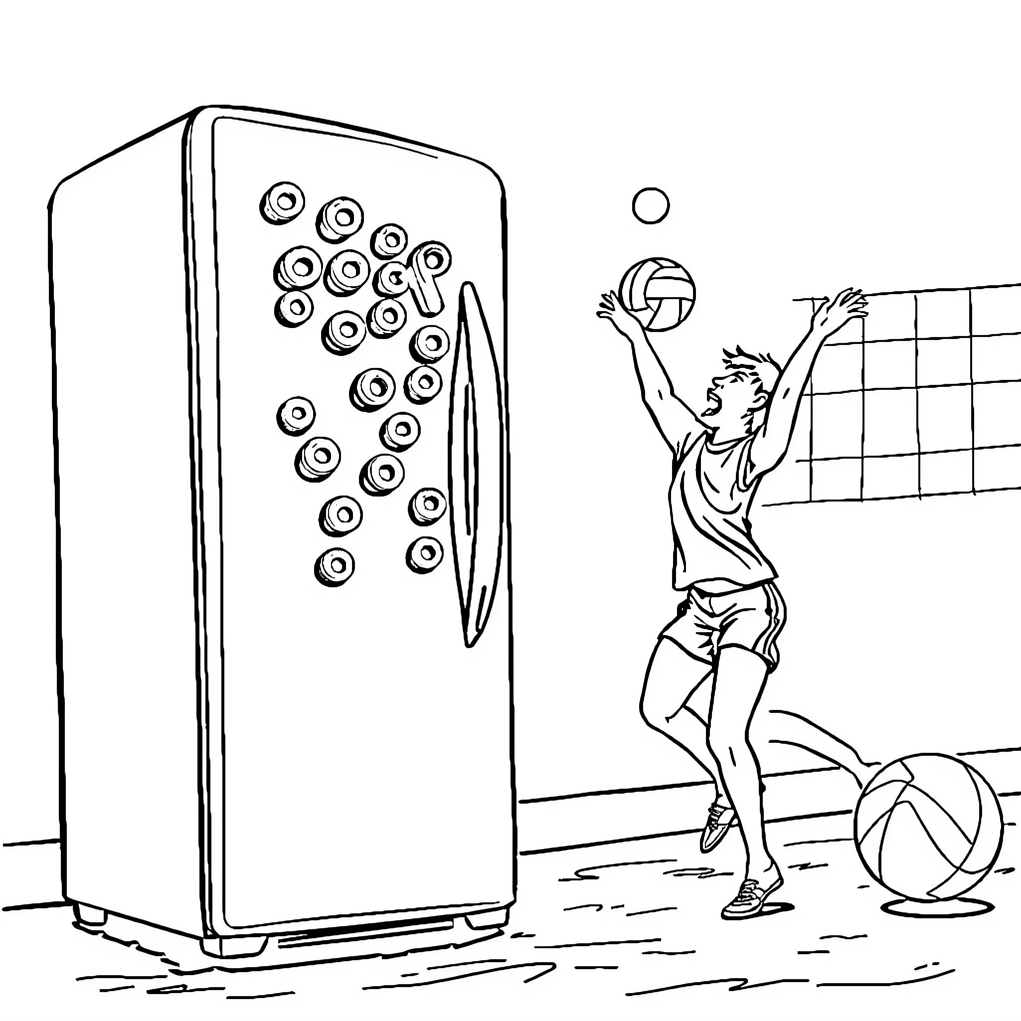 Fridge Volley: Athlete Plays Ball Near Refrigerator Coloring Page (free black-and-white line drawing printable PDF for all, from beginners to advanced learners, including children, teens, adults, and seniors)