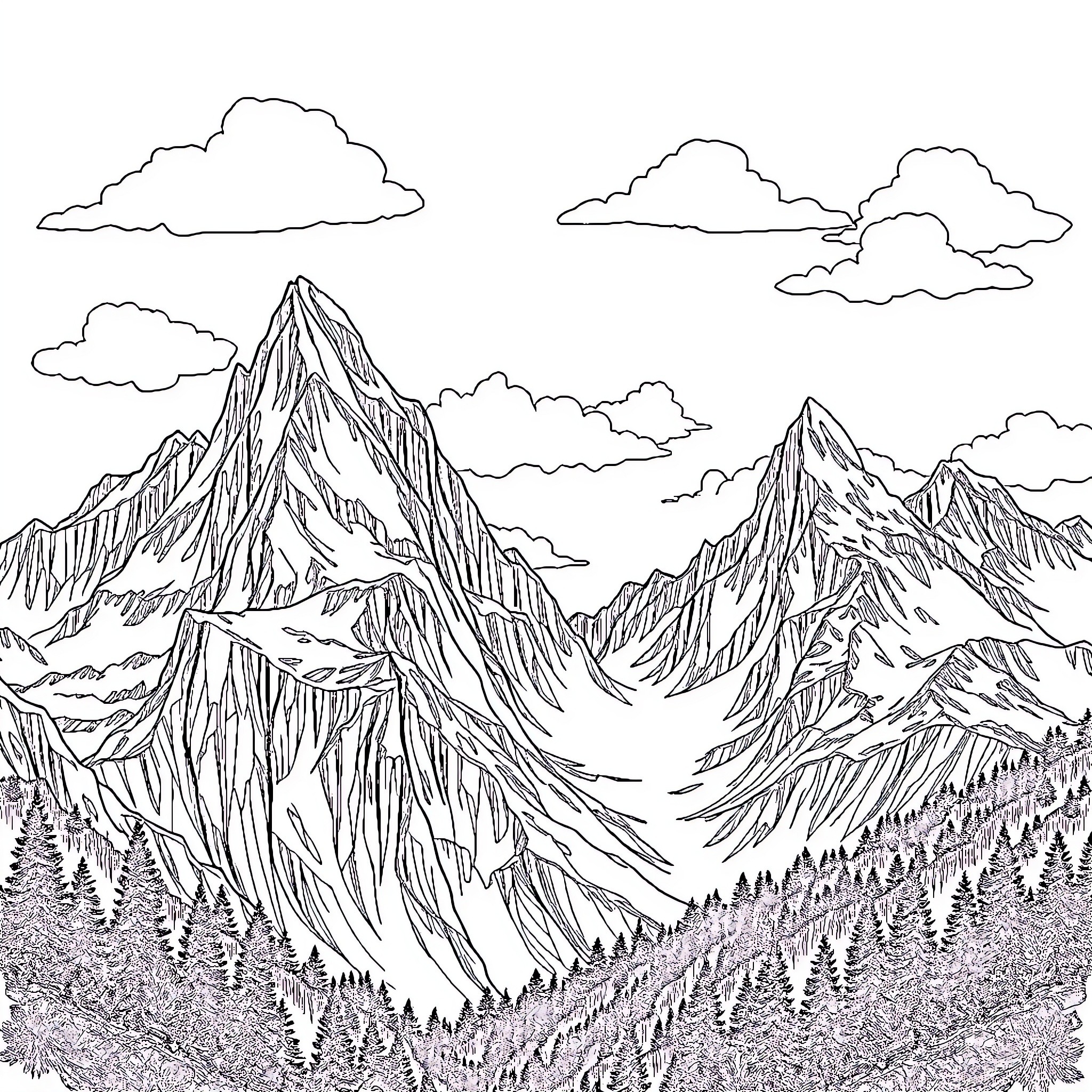 Mountain Landscape with Rugged Peaks and Cloudy Skies Coloring Page (free black-and-white line drawing printable PDF for all, from beginners to advanced learners, including children, teens, adults, and seniors)