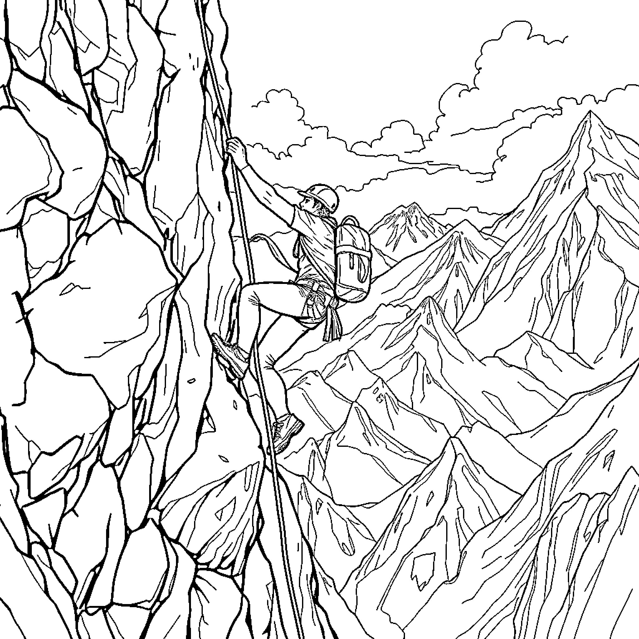 Mountain Climber Scaling Rugged Terrain Coloring Page (free black-and-white line drawing printable PDF for all, from beginners to advanced learners, including children, teens, adults, and seniors)
