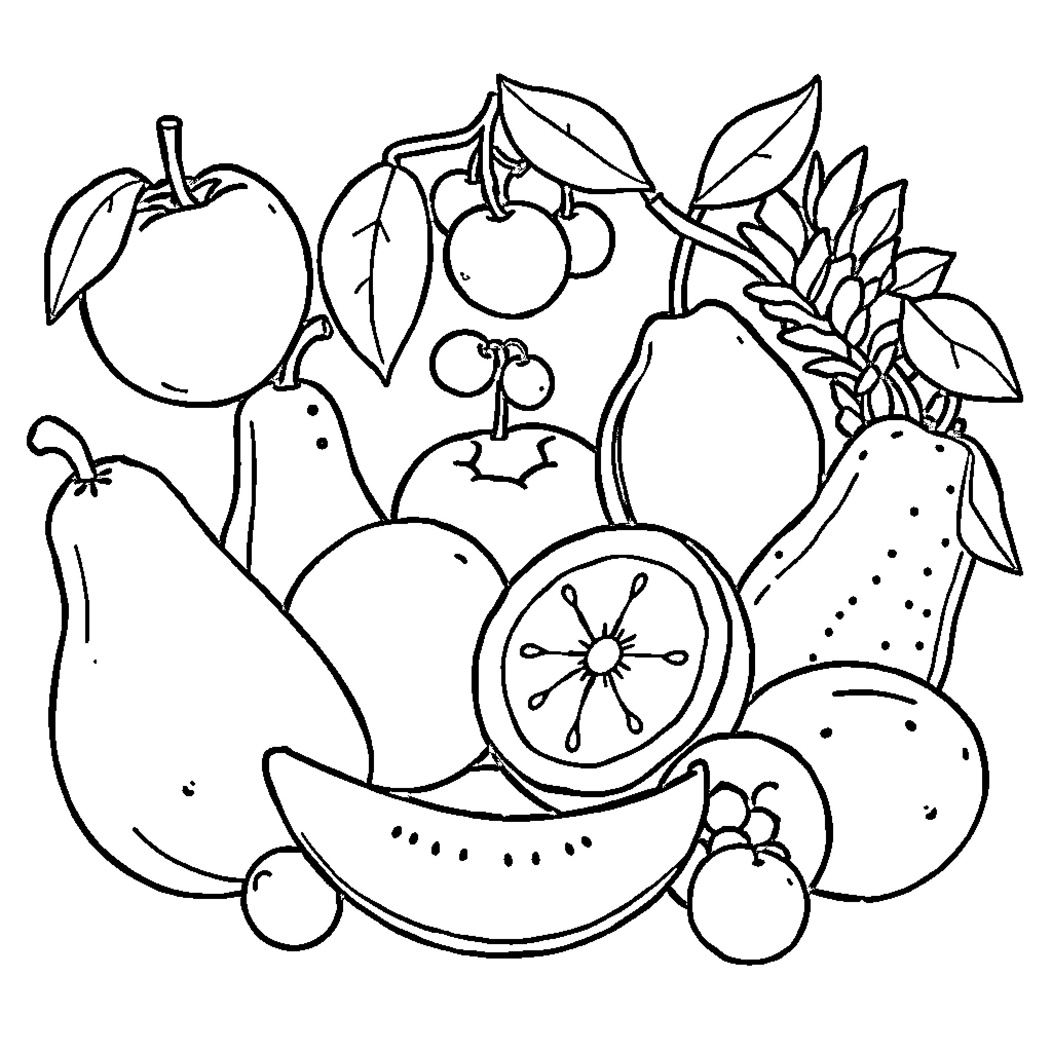 Fruit Medley of Vibrant Shapes and Textures Coloring Page (free black-and-white line drawing printable PDF for all, from beginners to advanced learners, including children, teens, adults, and seniors)