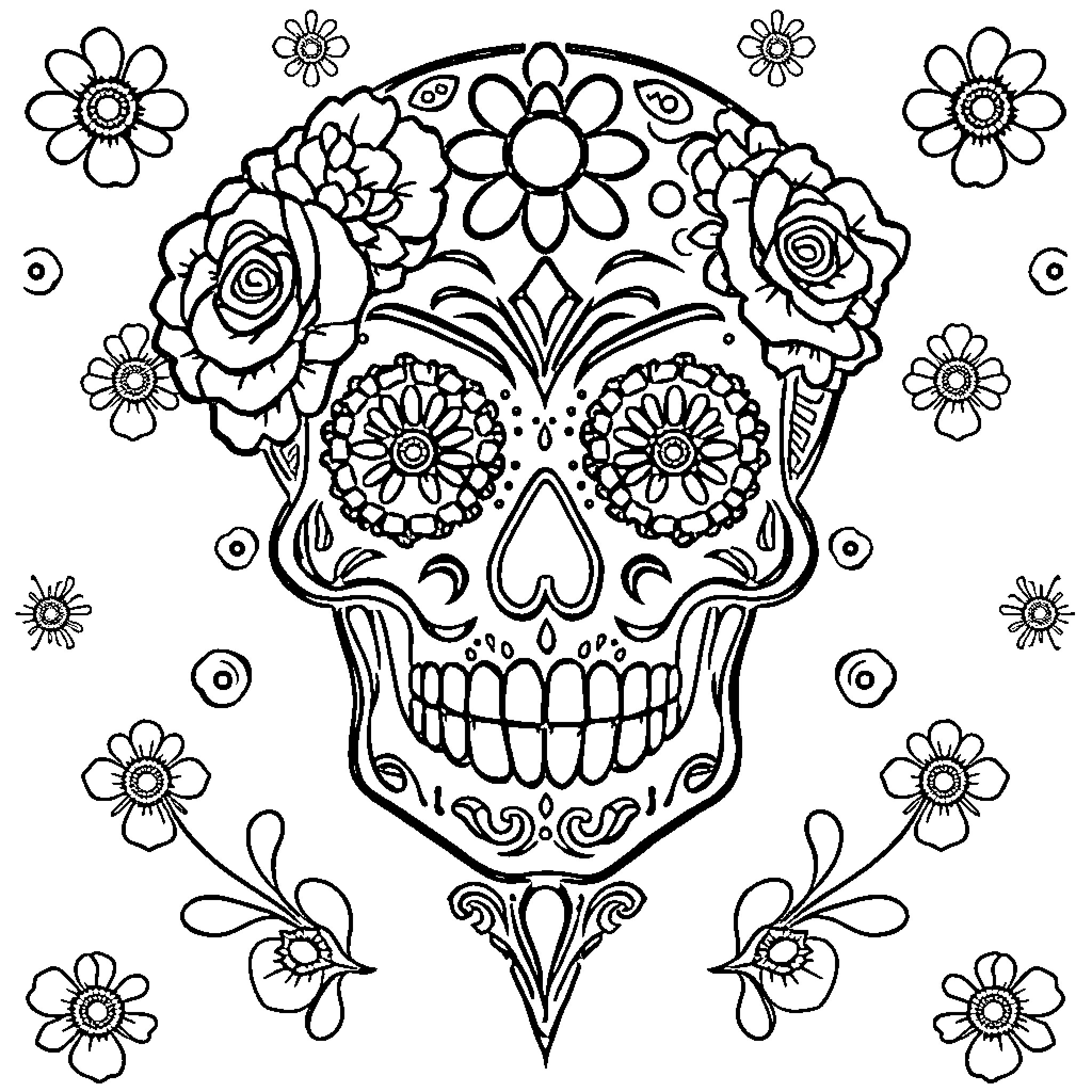 Skull adorned with intricate floral patterns Coloring Page (free black-and-white line drawing printable PDF for all, from beginners to advanced learners, including children, teens, adults, and seniors)