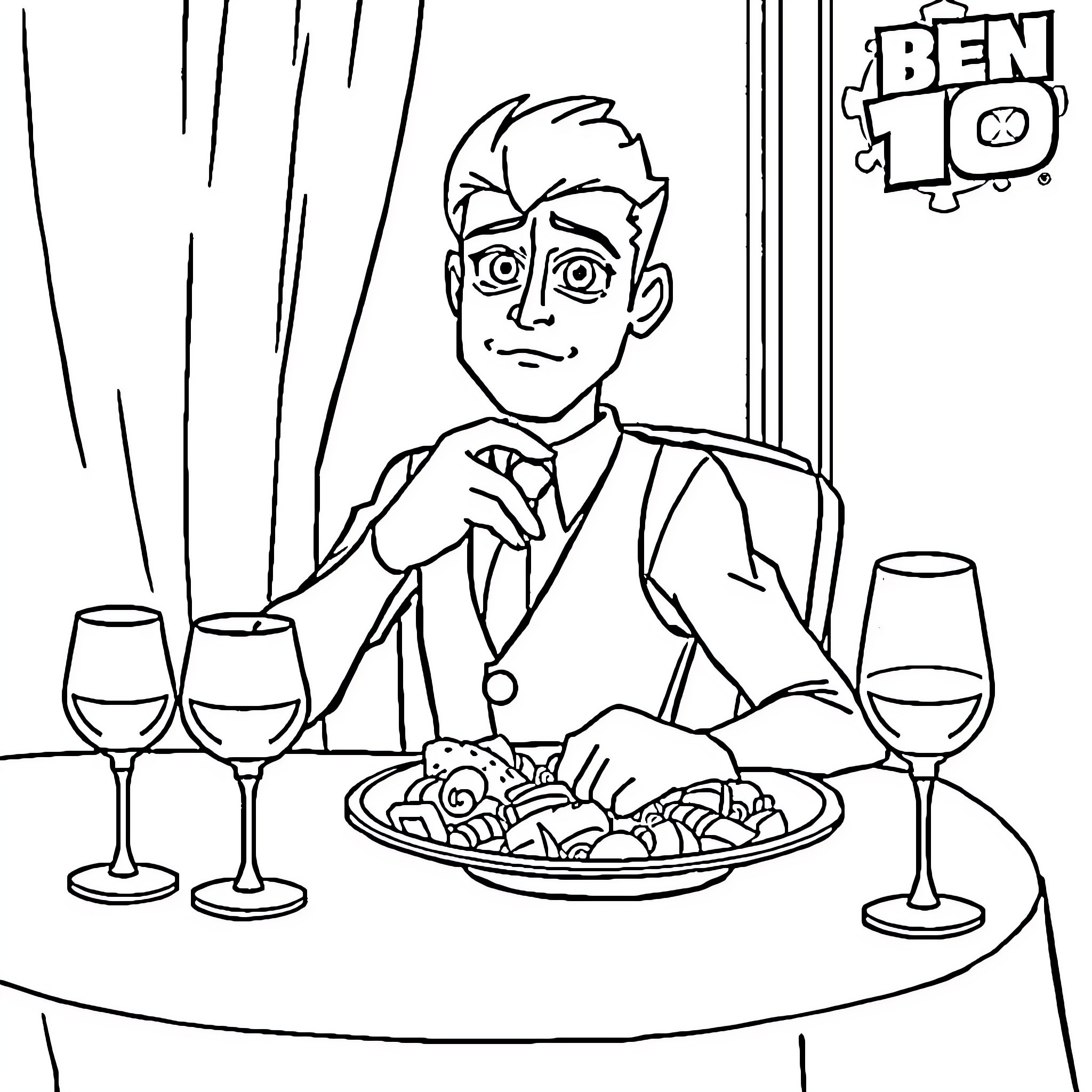 Ben 10 enjoying a fancy dinner Coloring Page (free black-and-white line drawing printable PDF for all, from beginners to advanced learners, including children, teens, adults, and seniors)