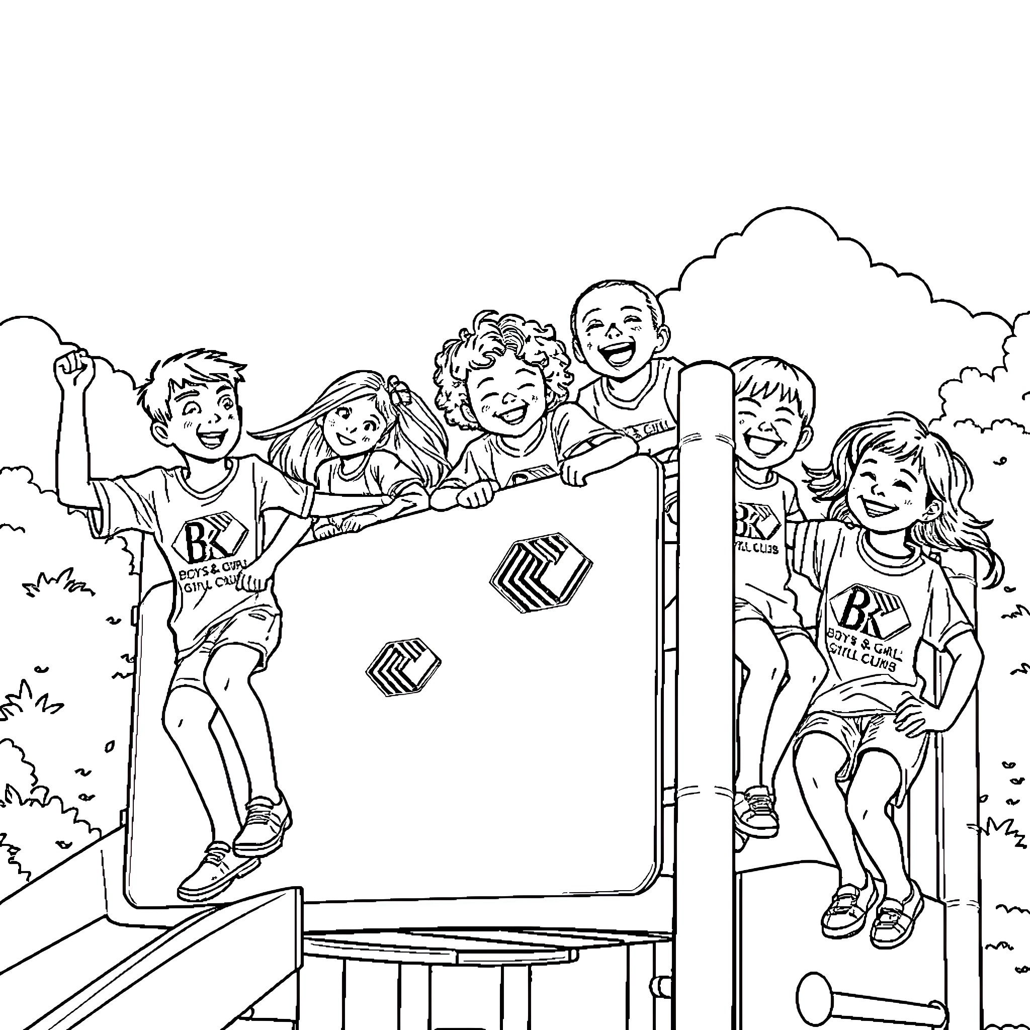 Campers enjoying outdoor adventure activities Coloring Page (free black-and-white line drawing printable PDF for all, from beginners to advanced learners, including children, teens, adults, and seniors)