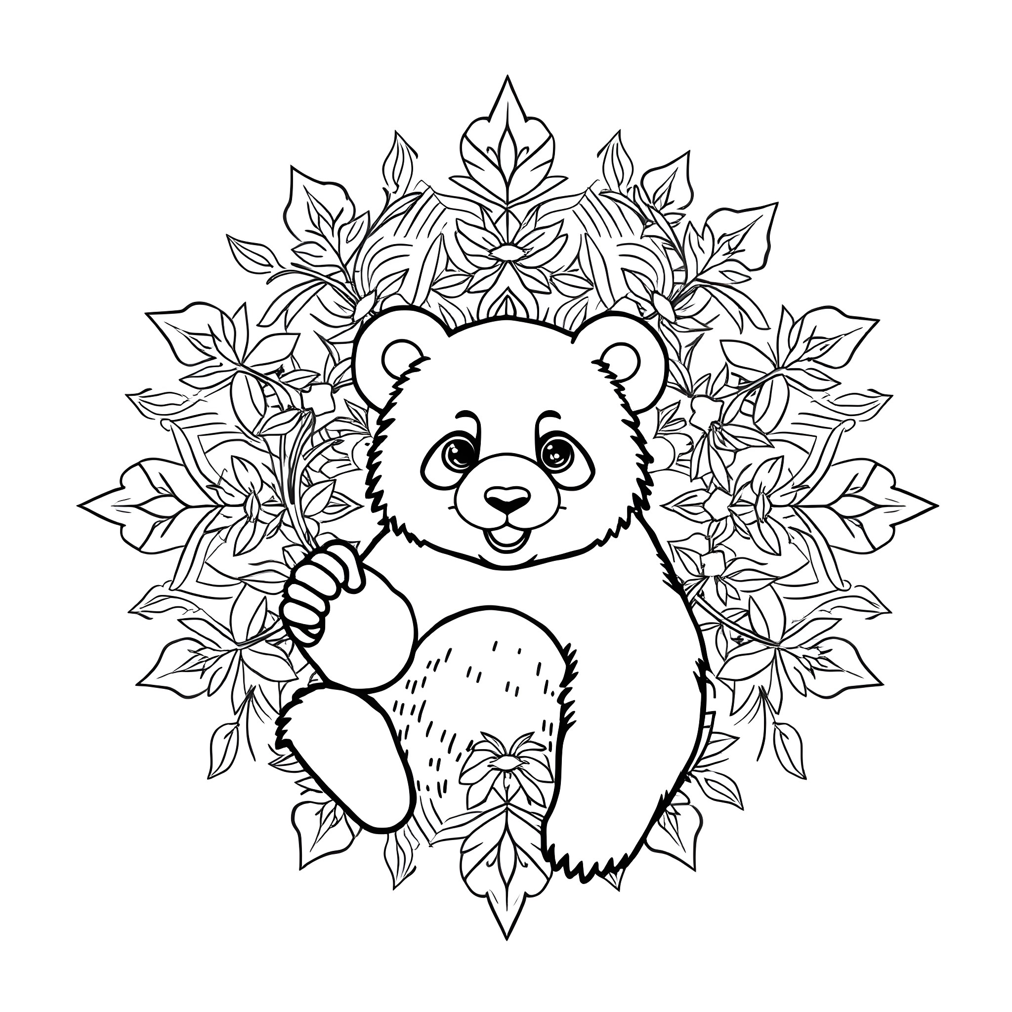 Panda resting in a floral mandala Coloring Page (free black-and-white line drawing printable PDF for all, from beginners to advanced learners, including children, teens, adults, and seniors)