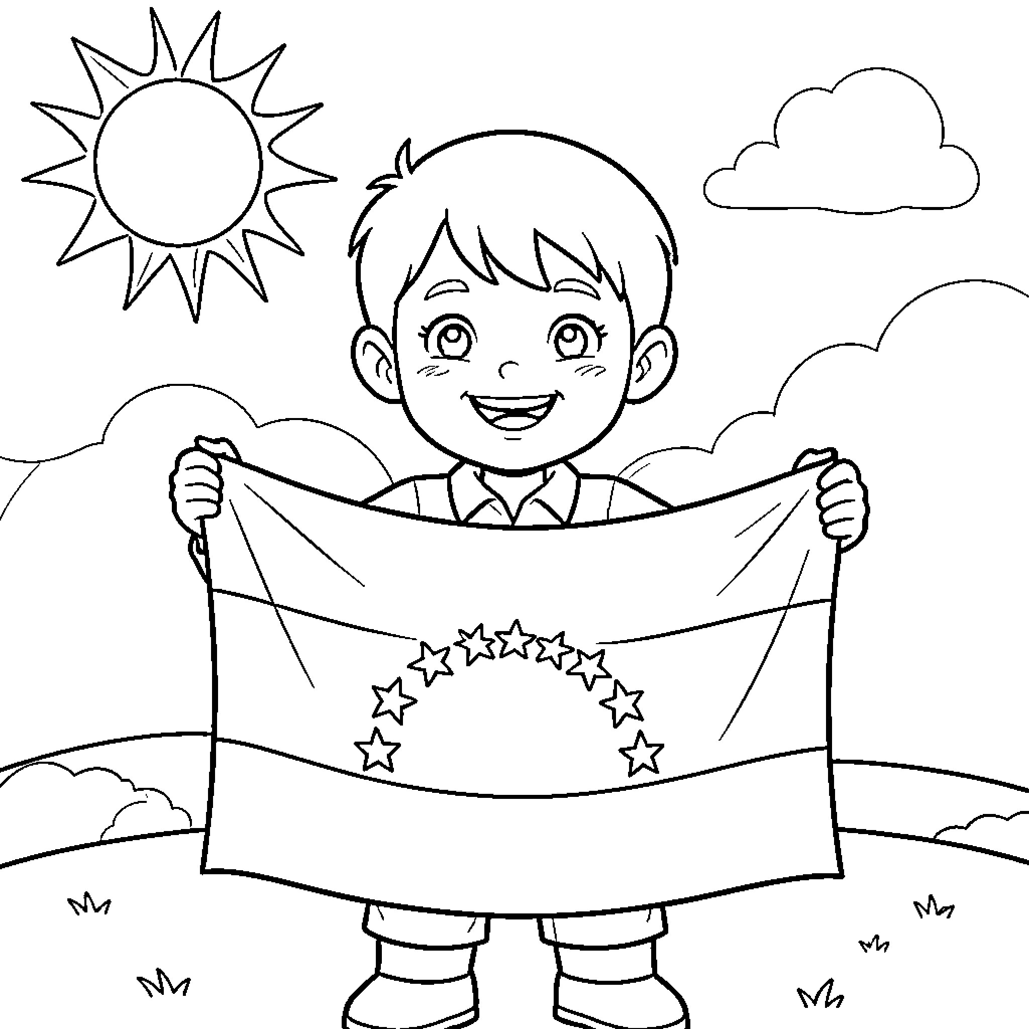 Child holding a star-patterned flag in nature Coloring Page (free black-and-white line drawing printable PDF for all, from beginners to advanced learners, including children, teens, adults, and seniors)