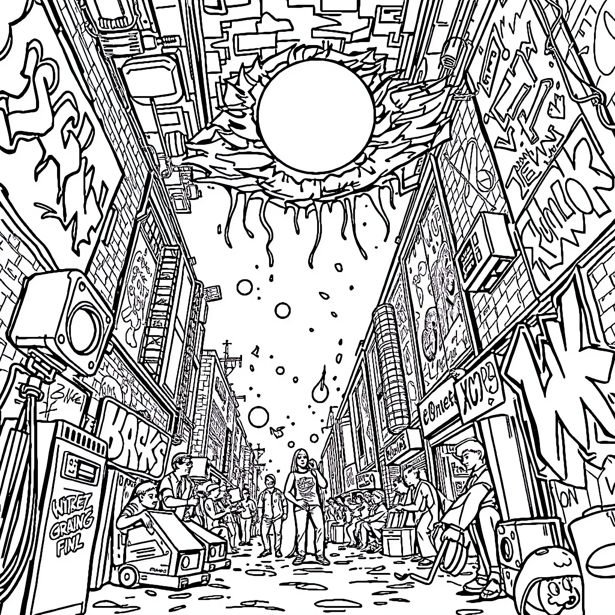 Punk Dystopian Metropolis in Black and White Coloring Page (free black-and-white line drawing printable PDF for all, from beginners to advanced learners, including children, teens, adults, and seniors)