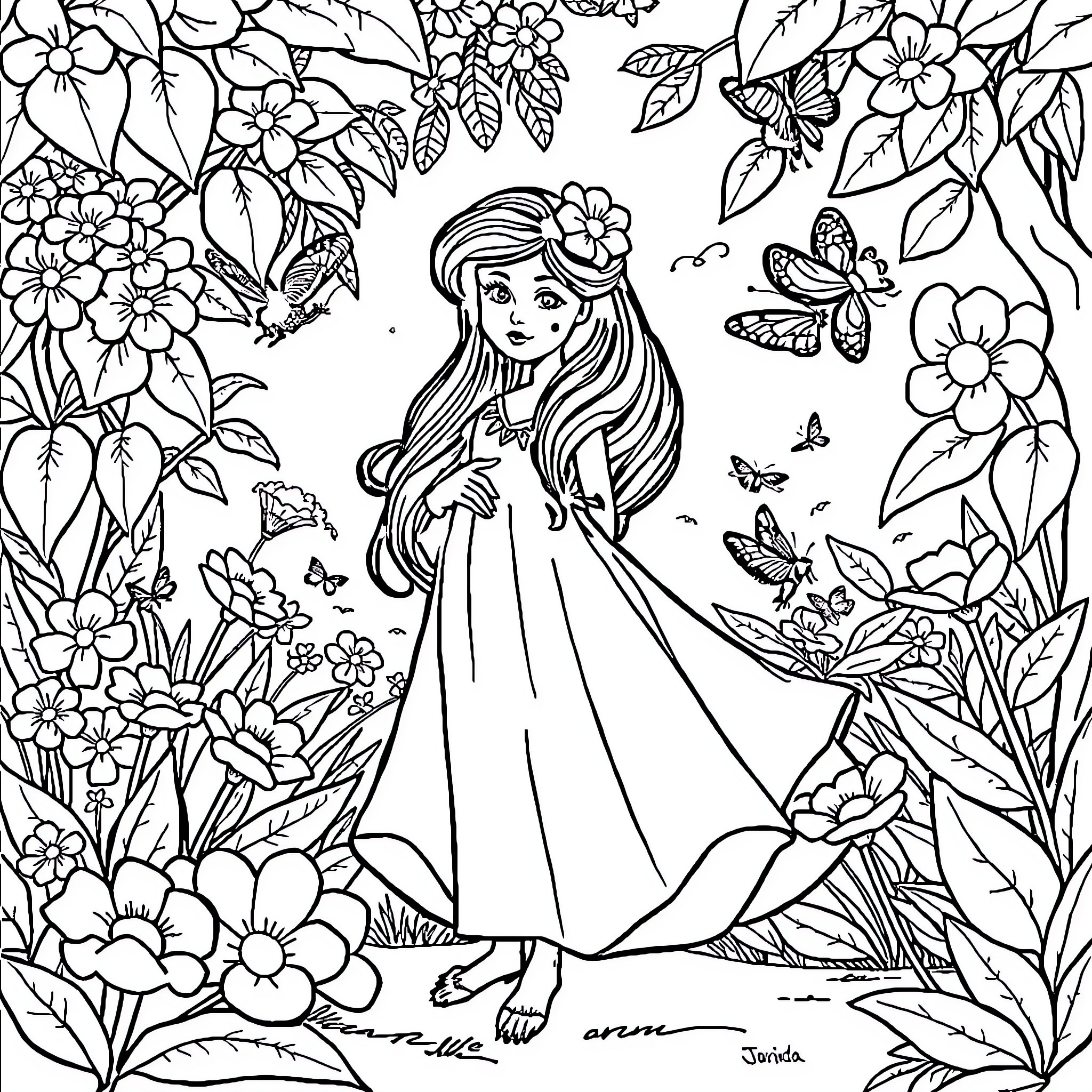 Ladybug and the Girl in the Floral Garden Coloring Page (free black-and-white line drawing printable PDF for all, from beginners to advanced learners, including children, teens, adults, and seniors)
