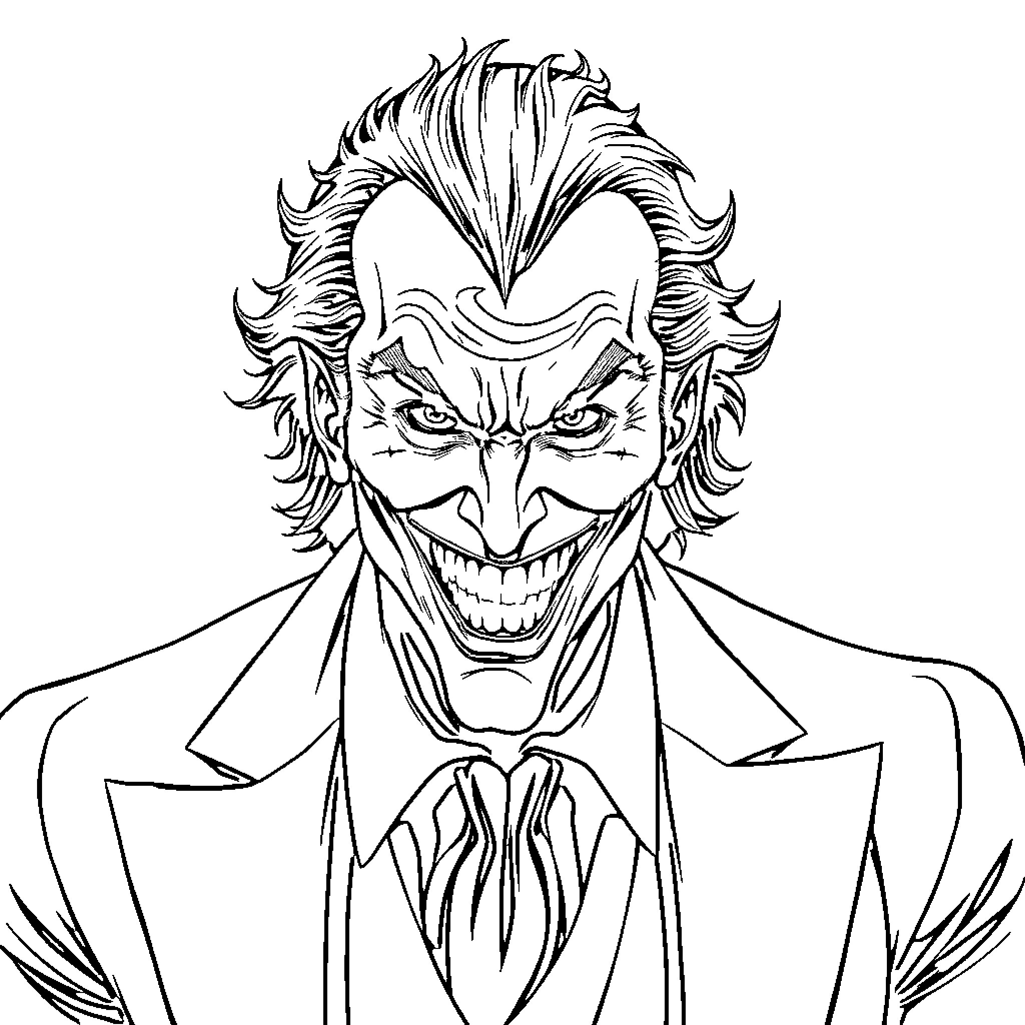 Joker wearing a suit with a sinister grin Coloring Page (free black-and-white line drawing printable PDF for all, from beginners to advanced learners, including children, teens, adults, and seniors)