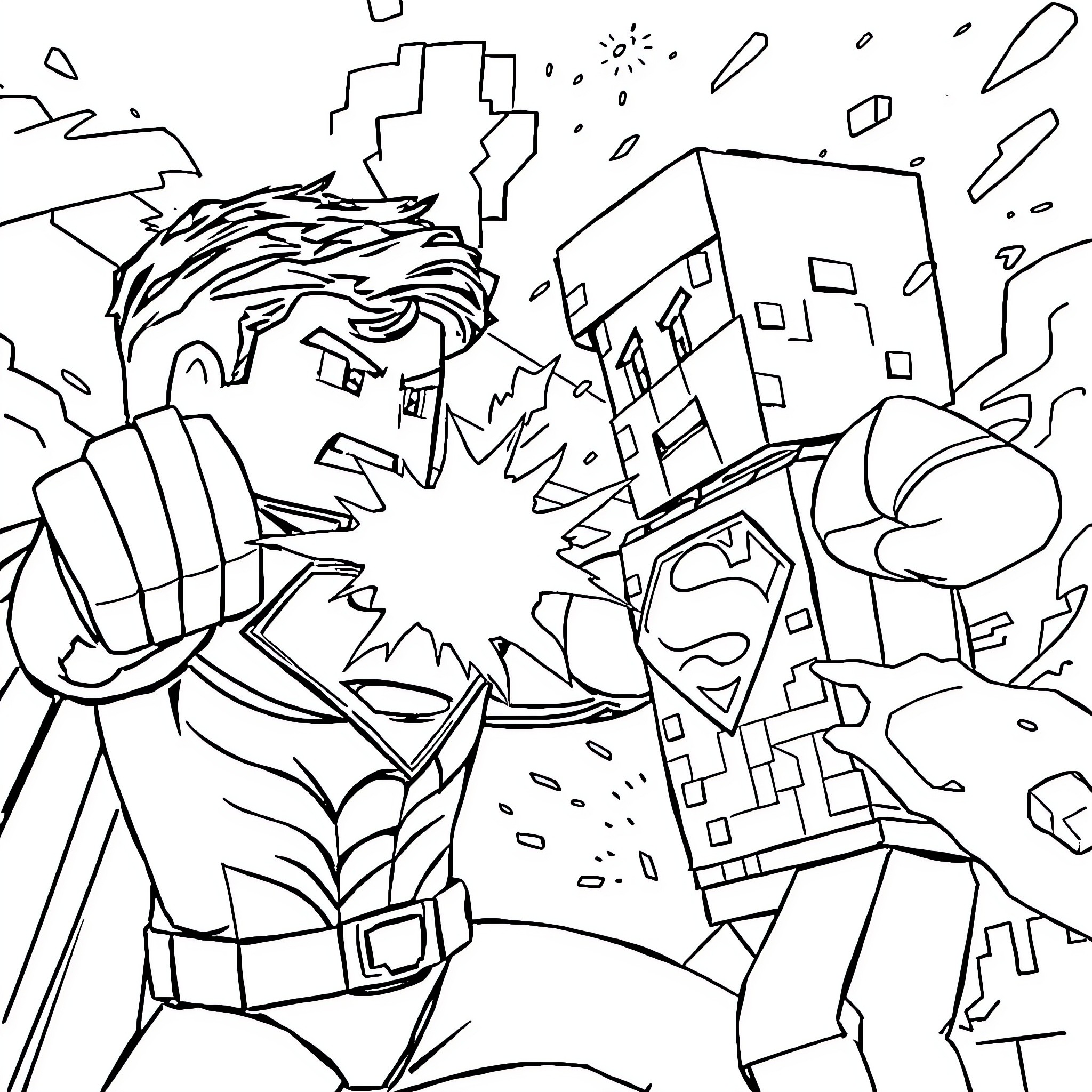 Superman Fighting Supervillains in the City Coloring Page (free black-and-white line drawing printable PDF for all, from beginners to advanced learners, including children, teens, adults, and seniors)