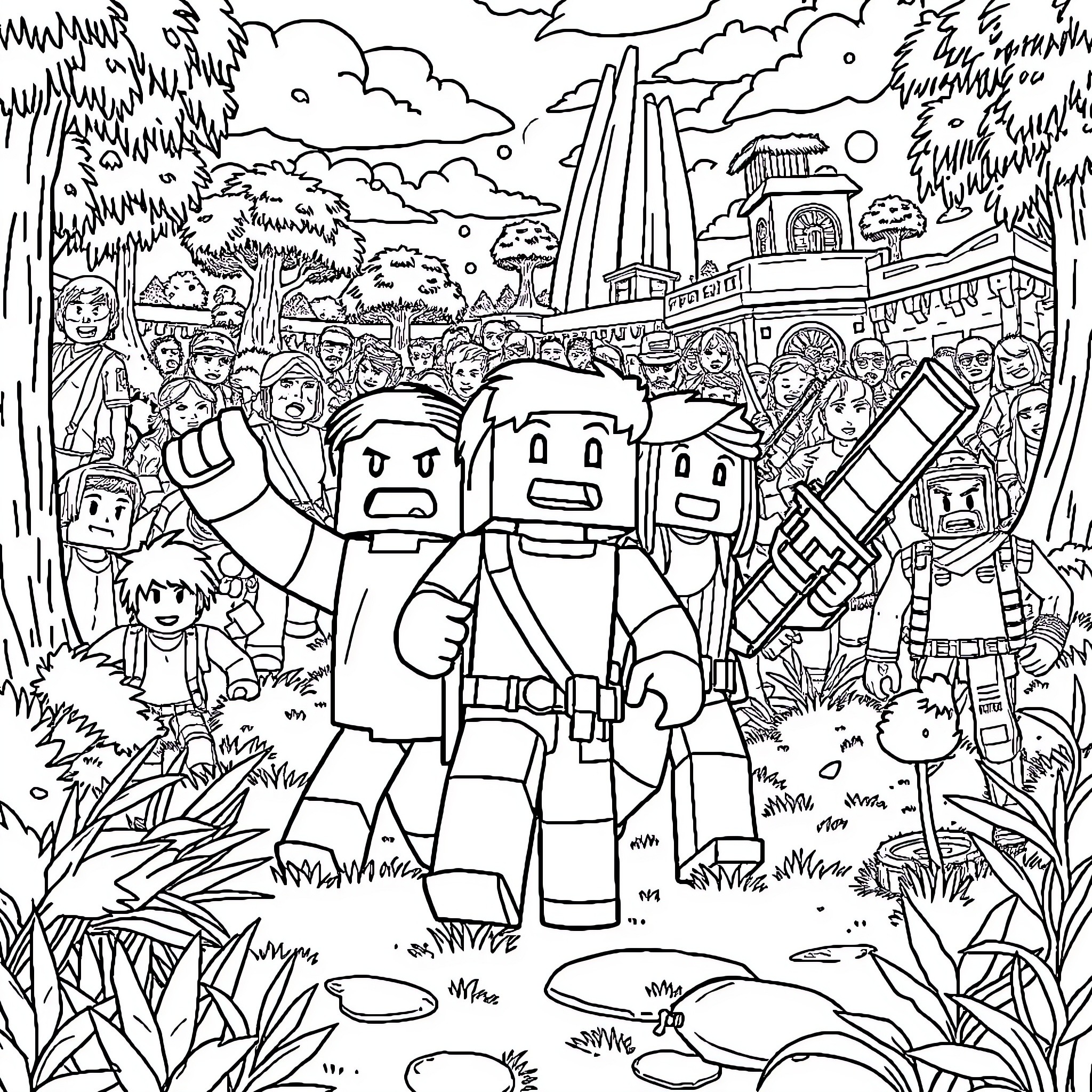 Minecraft Characters Exploring an Outdoor Adventure Coloring Page (free black-and-white line drawing printable PDF for all, from beginners to advanced learners, including children, teens, adults, and seniors)