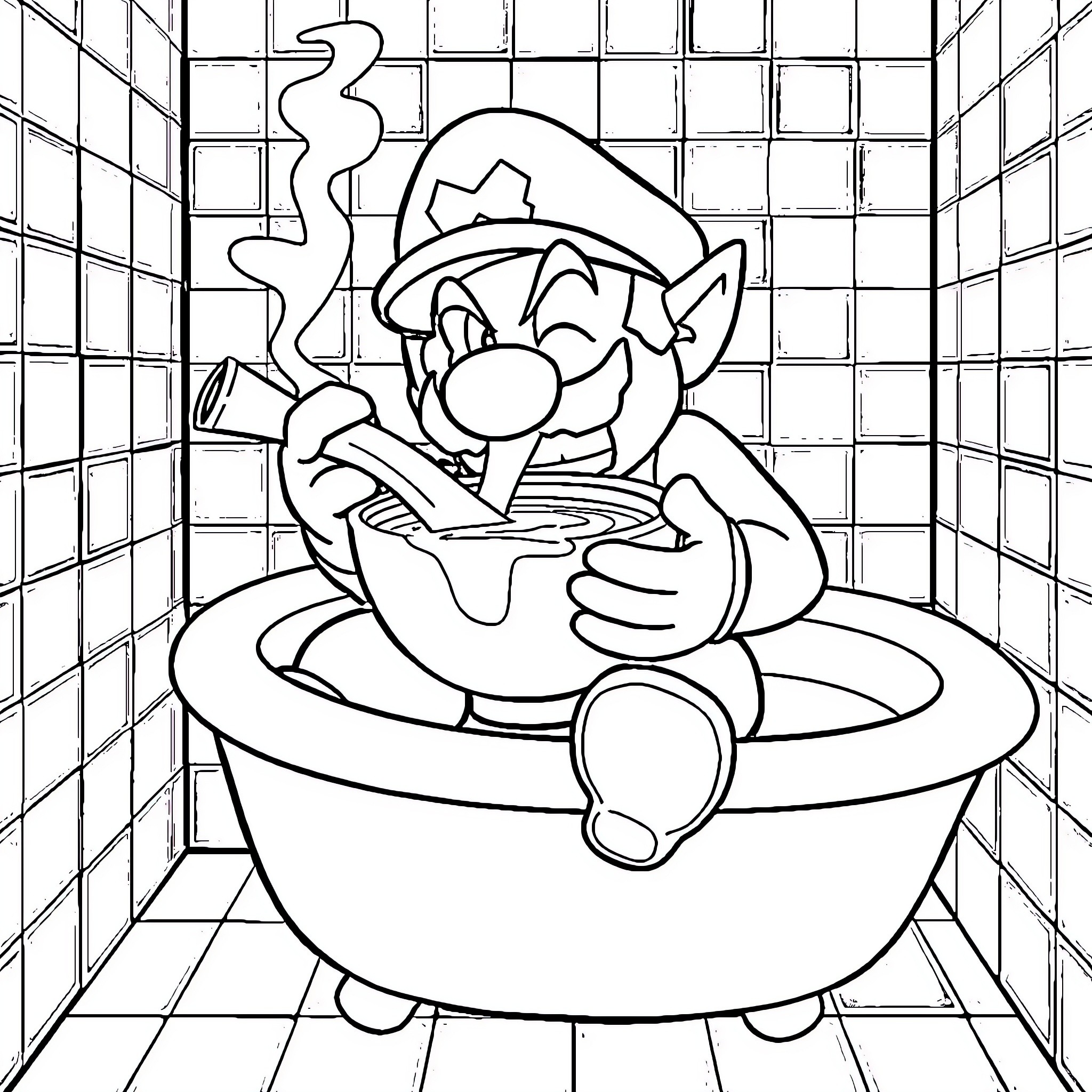 Wario enjoying a relaxing bath time Coloring Page (free black-and-white line drawing printable PDF for all, from beginners to advanced learners, including children, teens, adults, and seniors)