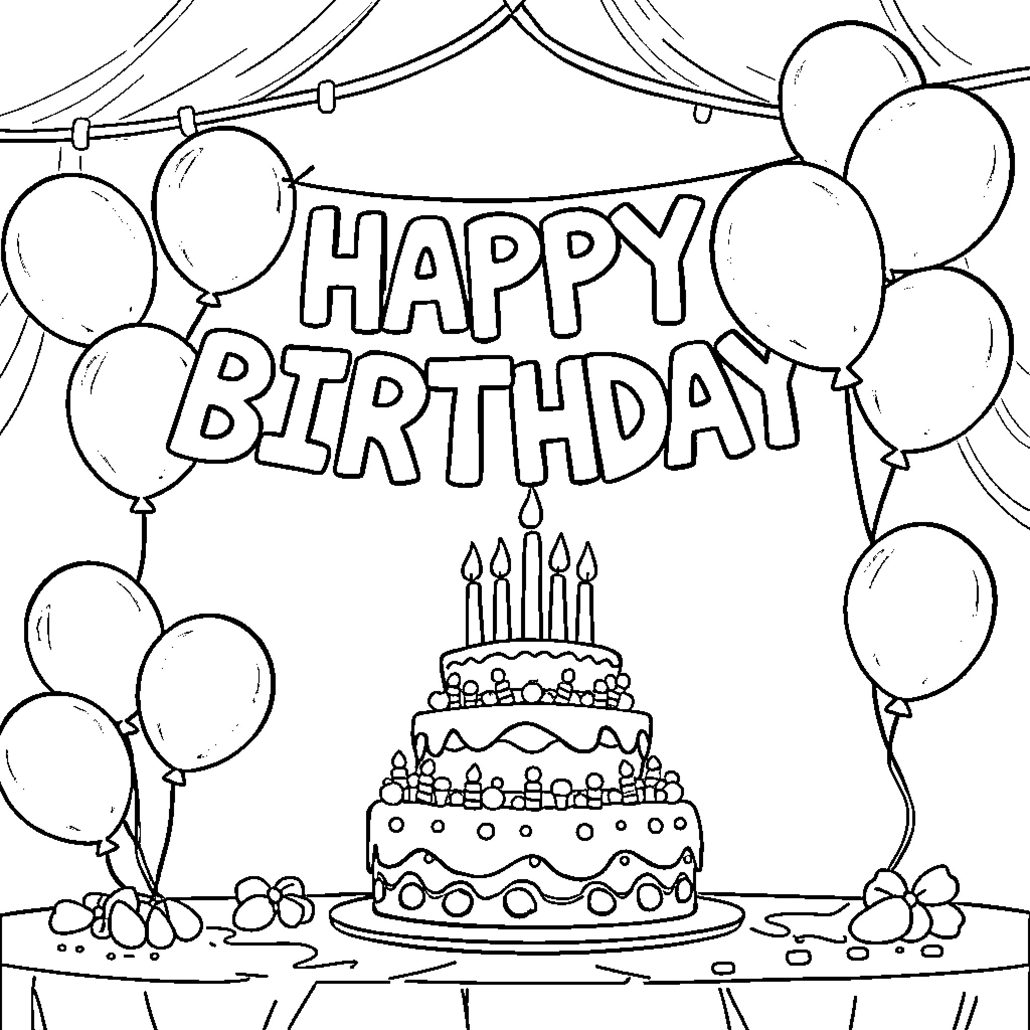 Birthday Sign with Balloons and Birthday Cake Coloring Page (free black-and-white line drawing printable PDF for all, from beginners to advanced learners, including children, teens, adults, and seniors)