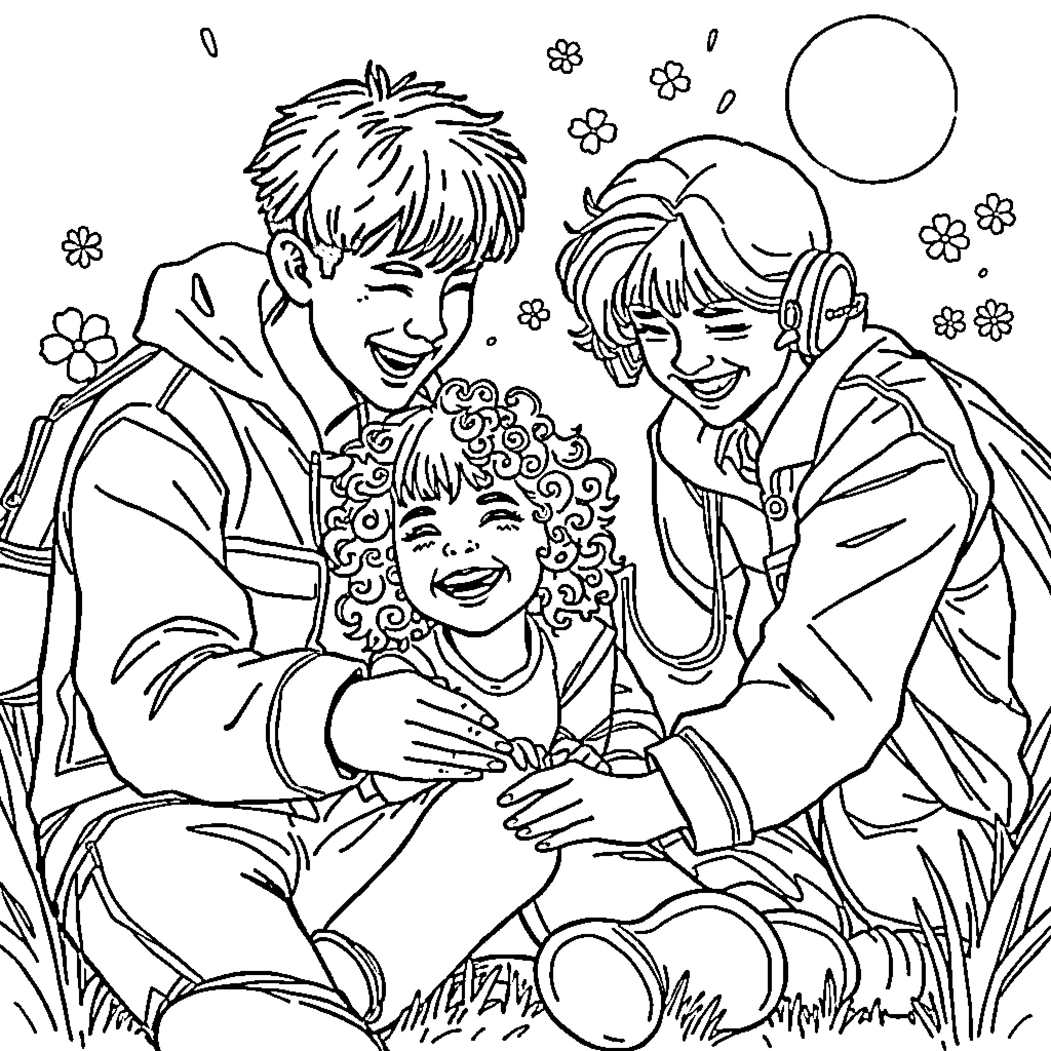 Kpop Hunter: Friends Enjoying a Playful Moment Coloring Page (free black-and-white line drawing printable PDF for all, from beginners to advanced learners, including children, teens, adults, and seniors)