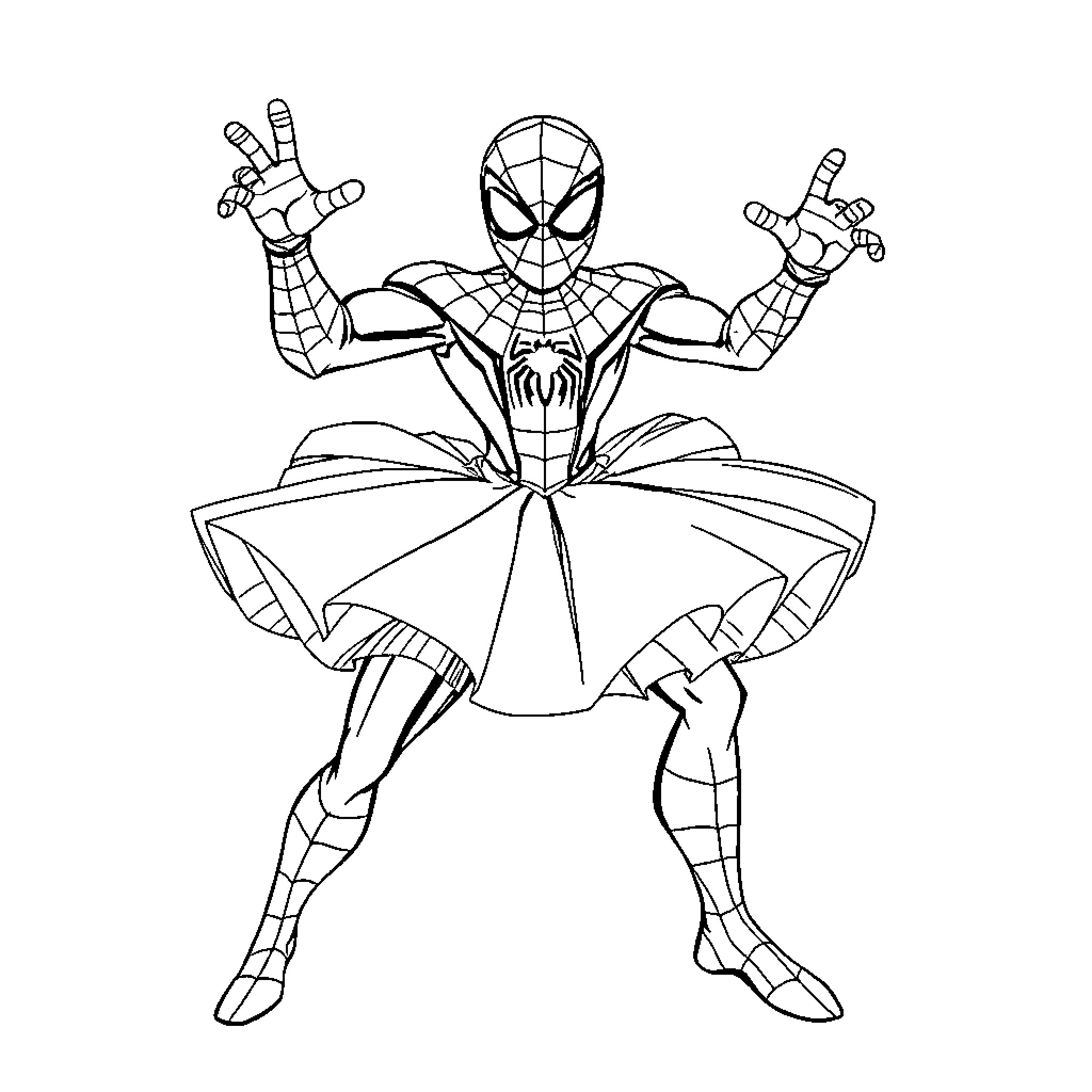 Spider-Man in a heroic pose with outstretched arms Coloring Page (free black-and-white line drawing printable PDF for all, from beginners to advanced learners, including children, teens, adults, and seniors)