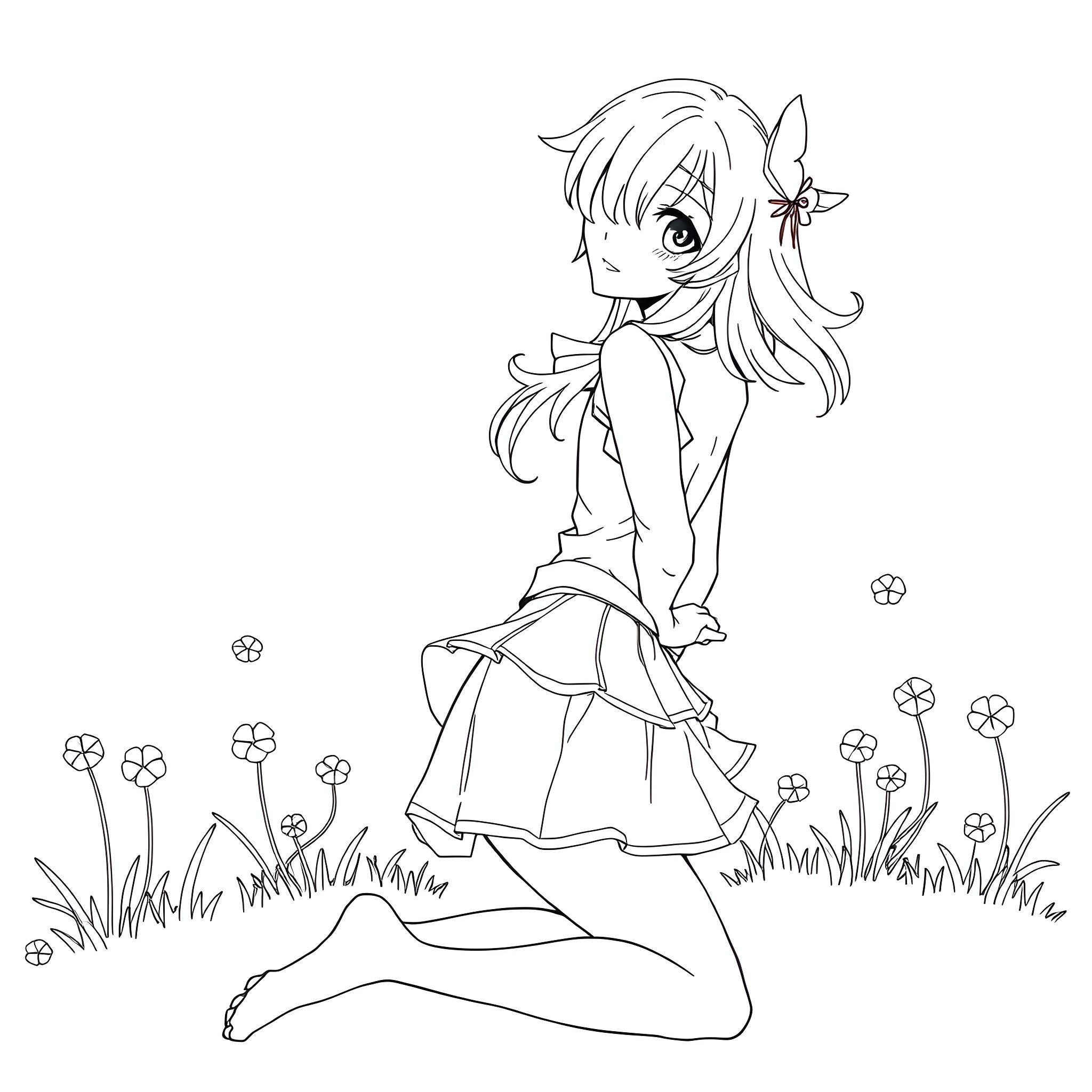 Anime Girl in a Flowery Field Coloring Page (free black-and-white line drawing printable PDF for all, from beginners to advanced learners, including children, teens, adults, and seniors)