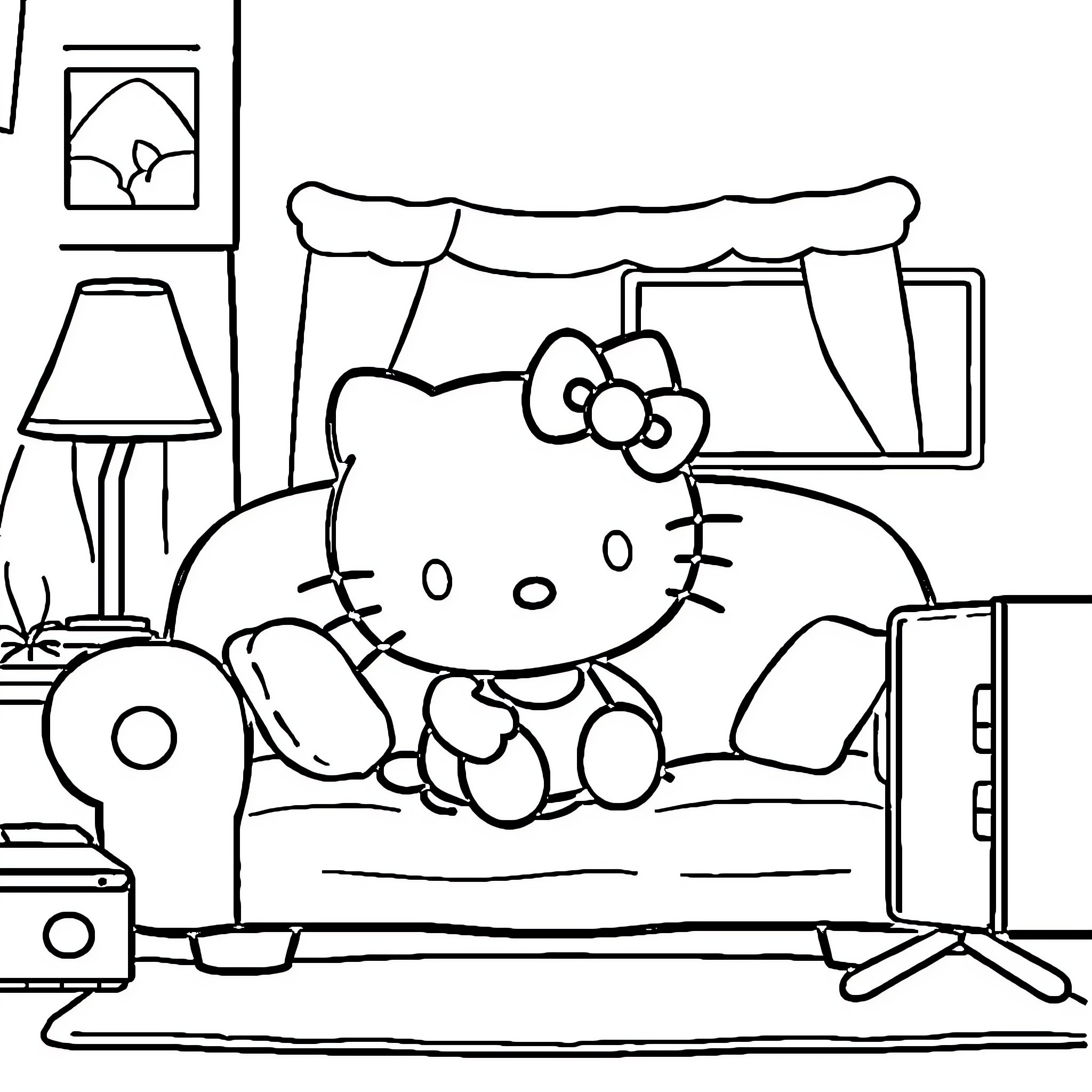 Hello Kitty relaxing at home Coloring Page (free black-and-white line drawing printable PDF for all, from beginners to advanced learners, including children, teens, adults, and seniors)