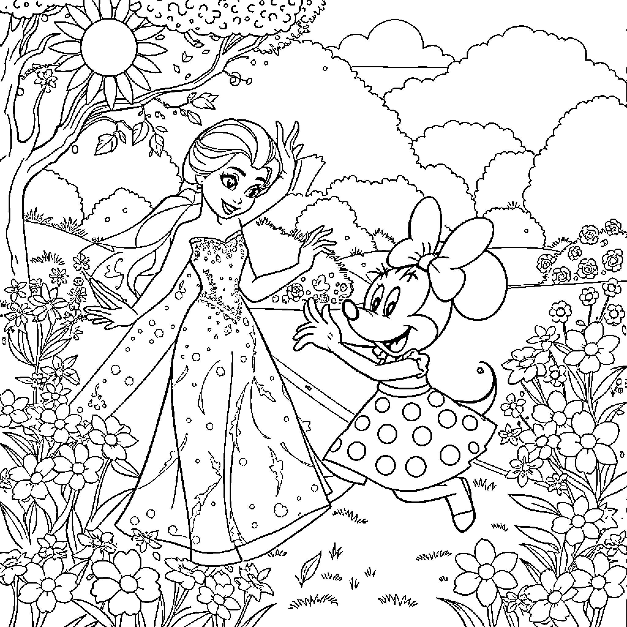 Elsa and Minnie Mouse Dancing in Flowery Garden Coloring Page (free black-and-white line drawing printable PDF for all, from beginners to advanced learners, including children, teens, adults, and seniors)