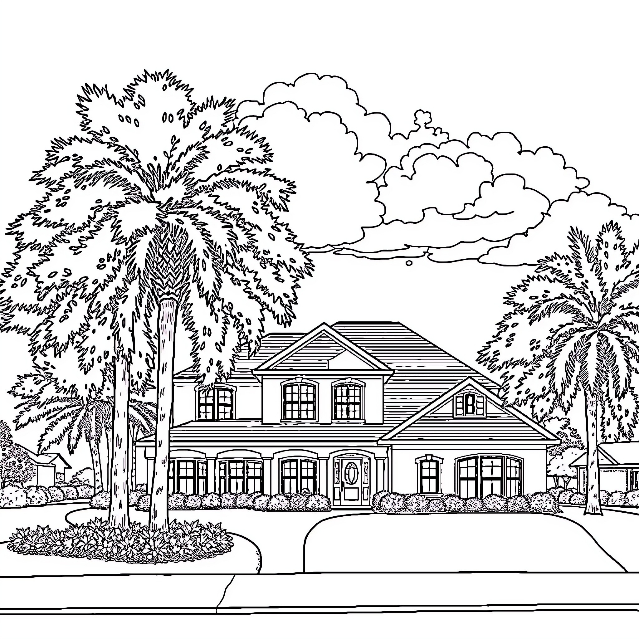 Lake House with Palm Trees under Cloudy Sky Coloring Page (free black-and-white line drawing printable PDF for all, from beginners to advanced learners, including children, teens, adults, and seniors)