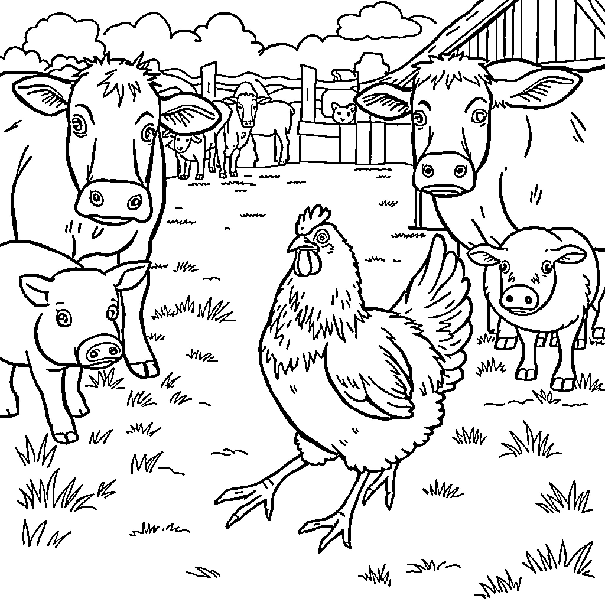 Chicken and farm animals on the countryside Coloring Page (free black-and-white line drawing printable PDF for all, from beginners to advanced learners, including children, teens, adults, and seniors)