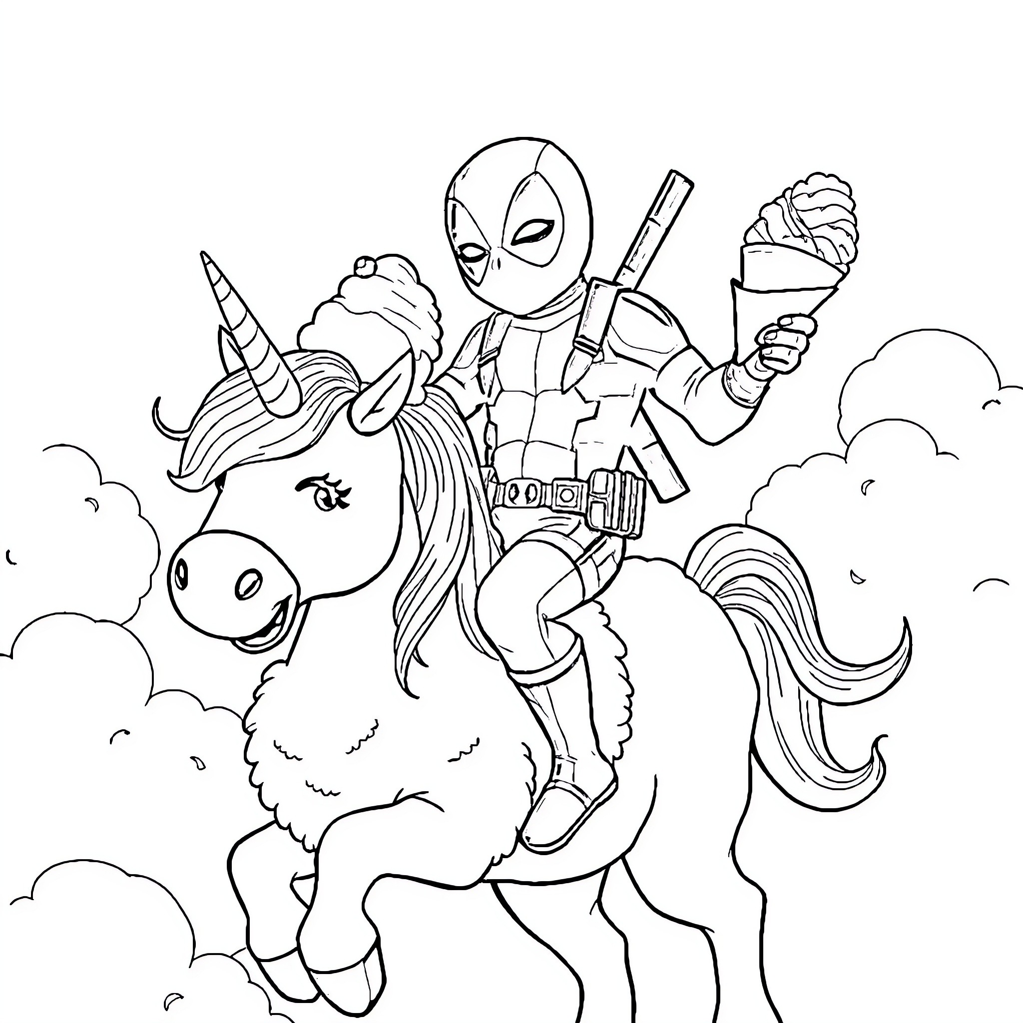 Deadpool's Whimsical Unicorn Adventure Coloring Page (free black-and-white line drawing printable PDF for all, from beginners to advanced learners, including children, teens, adults, and seniors)