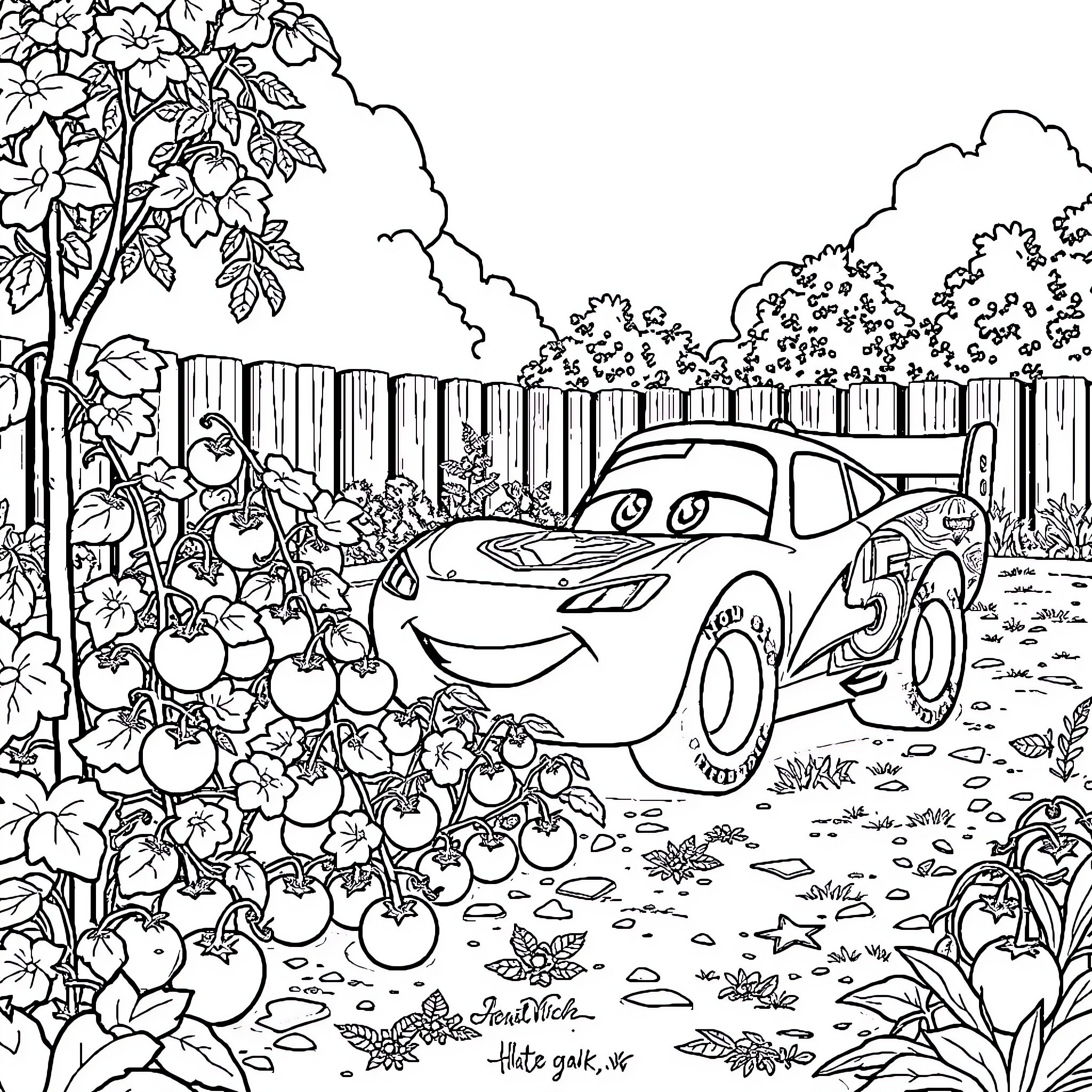 McQueen in a Lush Garden Surrounded by Greenery Coloring Page (free black-and-white line drawing printable PDF for all, from beginners to advanced learners, including children, teens, adults, and seniors)