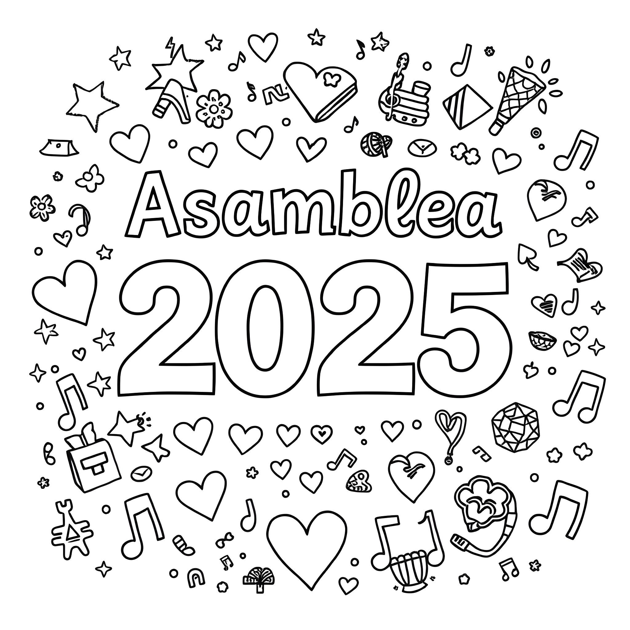Asamblea of decorative elements and text for the year 2025 Coloring Page (free black-and-white line drawing printable PDF for all, from beginners to advanced learners, including children, teens, adults, and seniors)