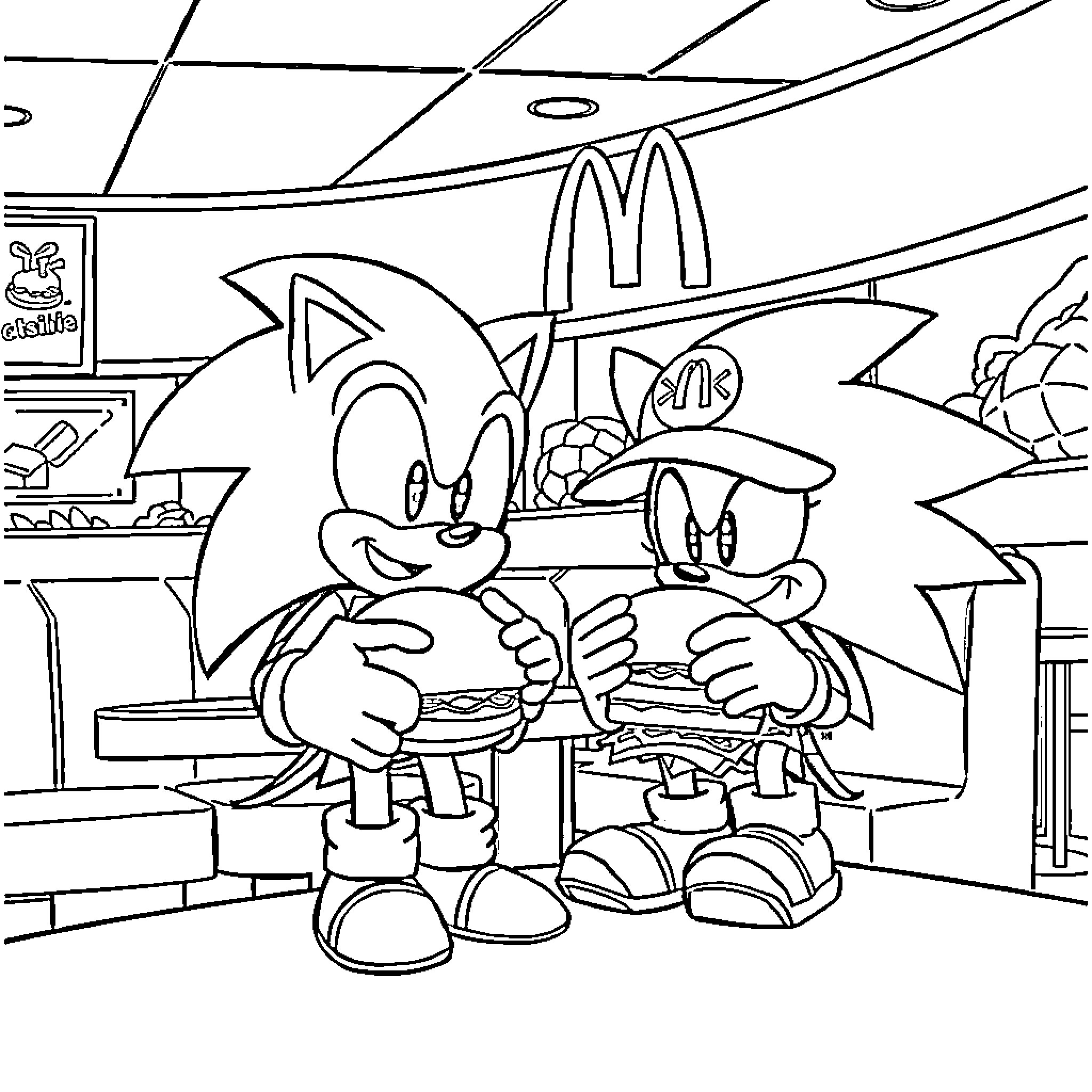 Sonic and Friends Enjoying Fast Food Adventure Coloring Page (free black-and-white line drawing printable PDF for all, from beginners to advanced learners, including children, teens, adults, and seniors)