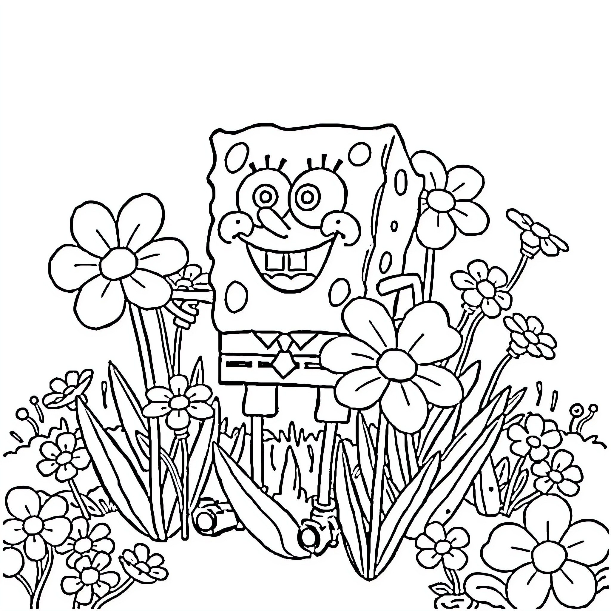 Spongebob surrounded by flowers and nature Coloring Page (free black-and-white line drawing printable PDF for all, from beginners to advanced learners, including children, teens, adults, and seniors)