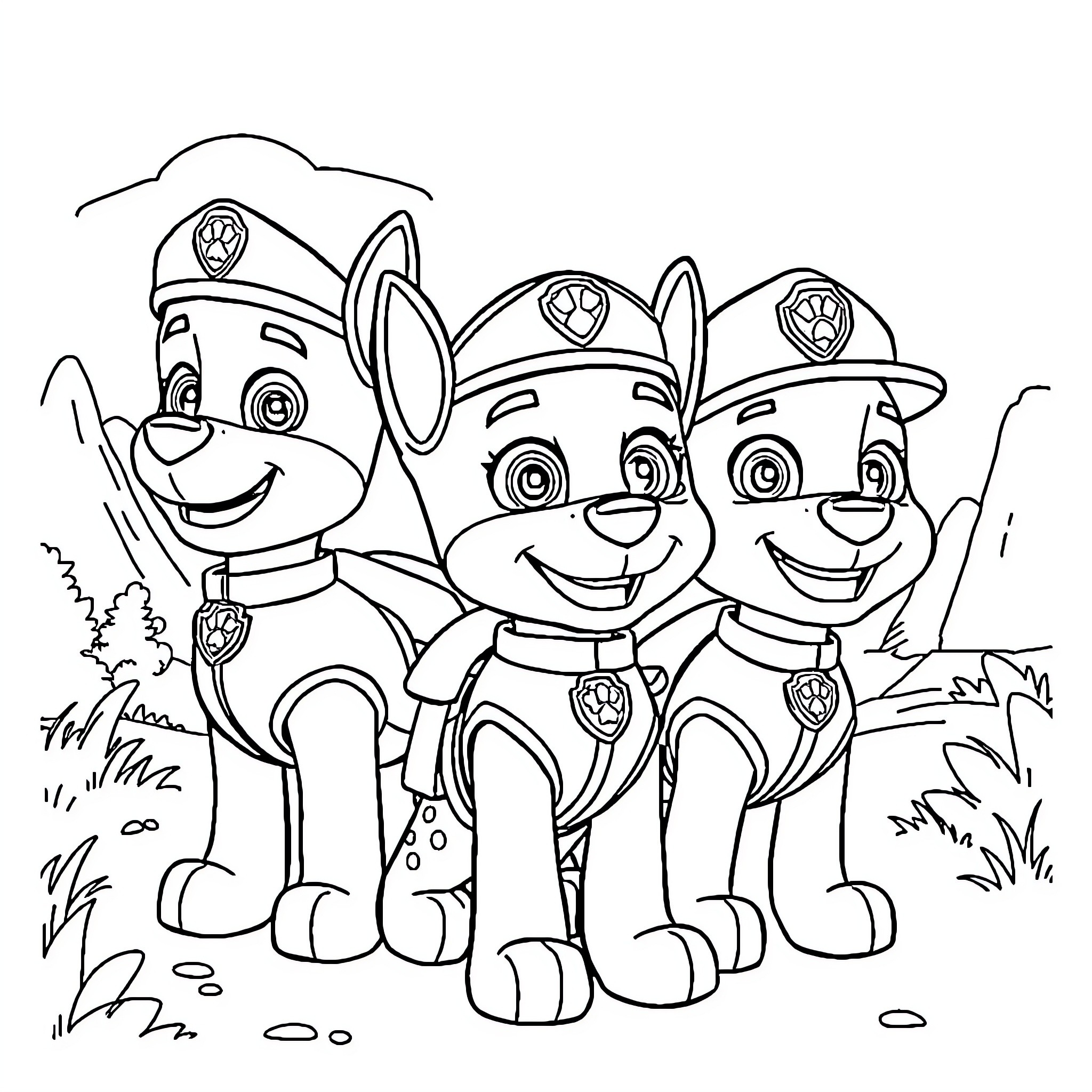 Paw Patrol pups on a mission together Coloring Page (free black-and-white line drawing printable PDF for all, from beginners to advanced learners, including children, teens, adults, and seniors)