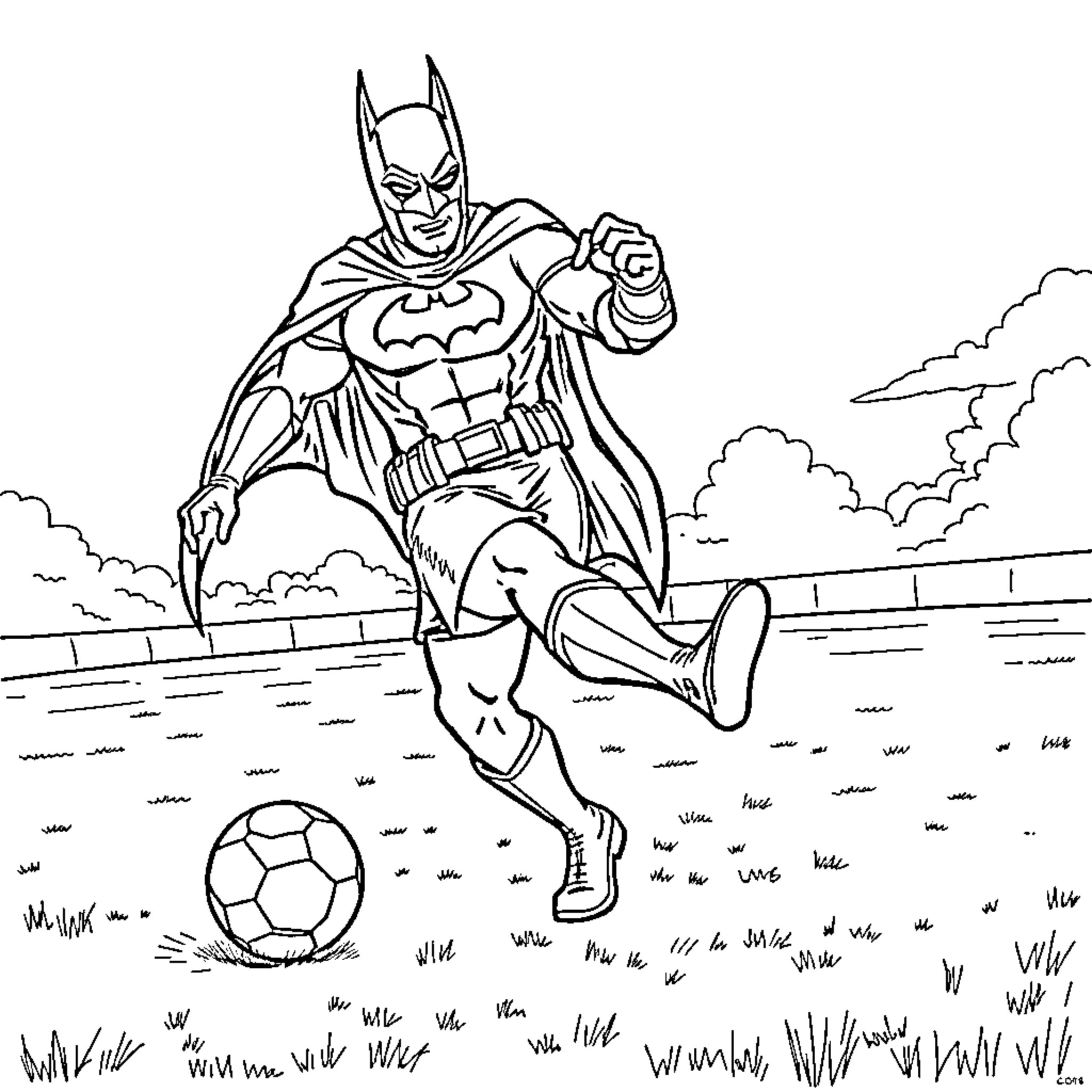 Batman playing football on the field Coloring Page (free black-and-white line drawing printable PDF for all, from beginners to advanced learners, including children, teens, adults, and seniors)
