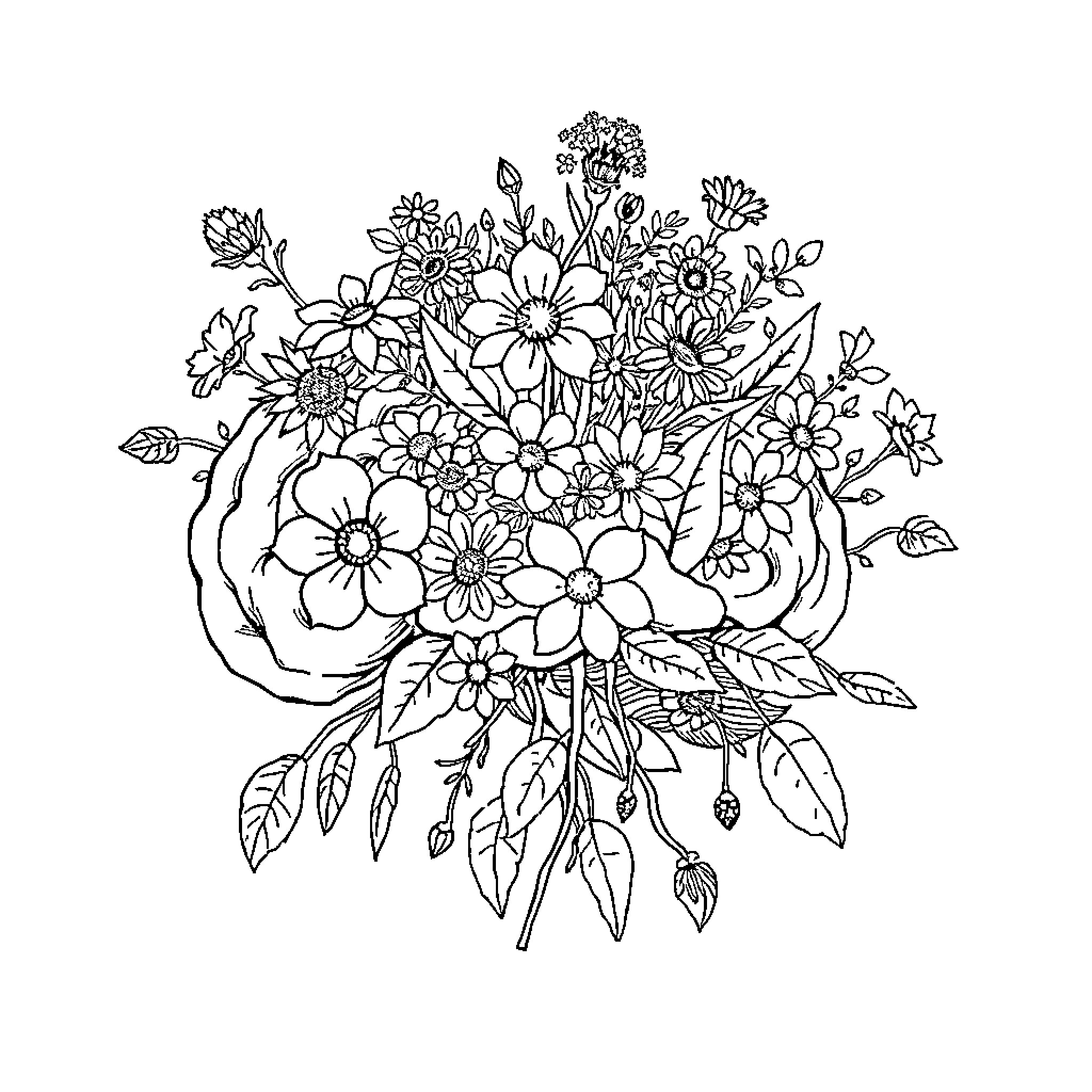 Brain Bouquet of Flowers in Black and White Coloring Page (free black-and-white line drawing printable PDF for all, from beginners to advanced learners, including children, teens, adults, and seniors)
