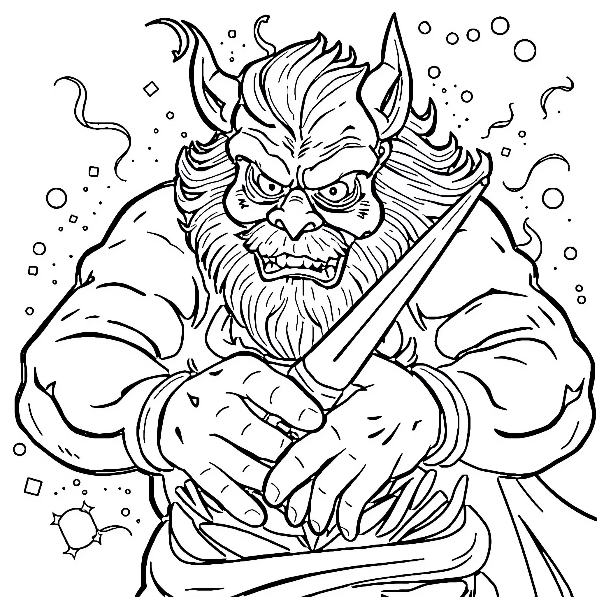 Sanzon - Fierce Oni Warrior with Sword Coloring Page (free black-and-white line drawing printable PDF for all, from beginners to advanced learners, including children, teens, adults, and seniors)