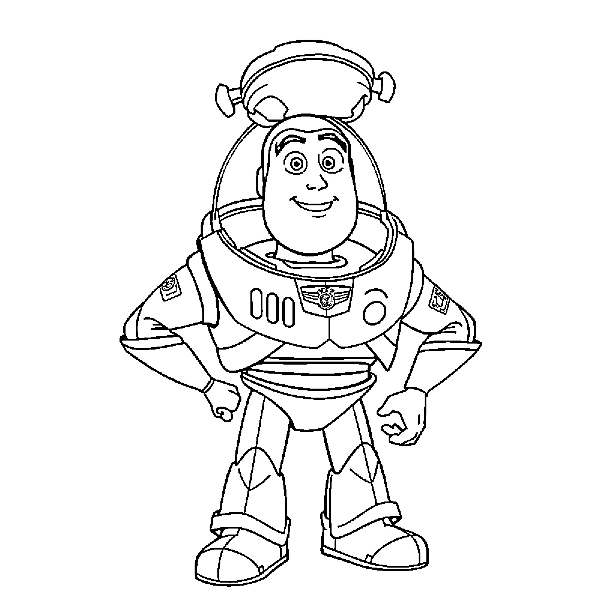 Buzz Lightyear in Space Ranger Pose Coloring Page (free black-and-white line drawing printable PDF for all, from beginners to advanced learners, including children, teens, adults, and seniors)